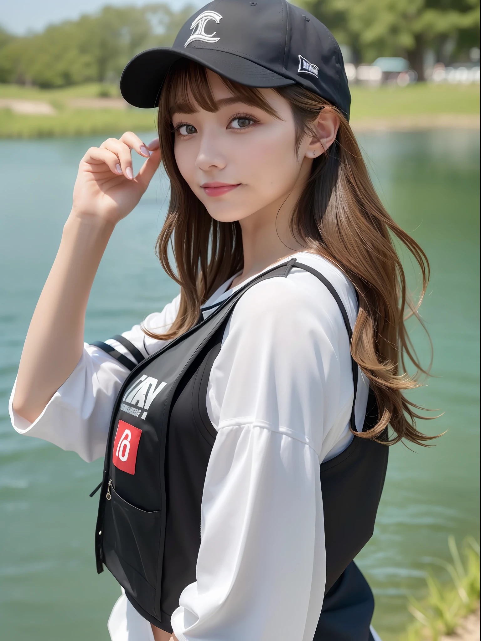 A beautiful woman is standing at lakeside, One hand close to the face, distant shot, medium hair, flipped hair, wavy hair, baseball cap, beautiful lake, (masterpiece: 1.1), (best quality: 1.1), fishing vest like life jacket color is black and grey, fishing