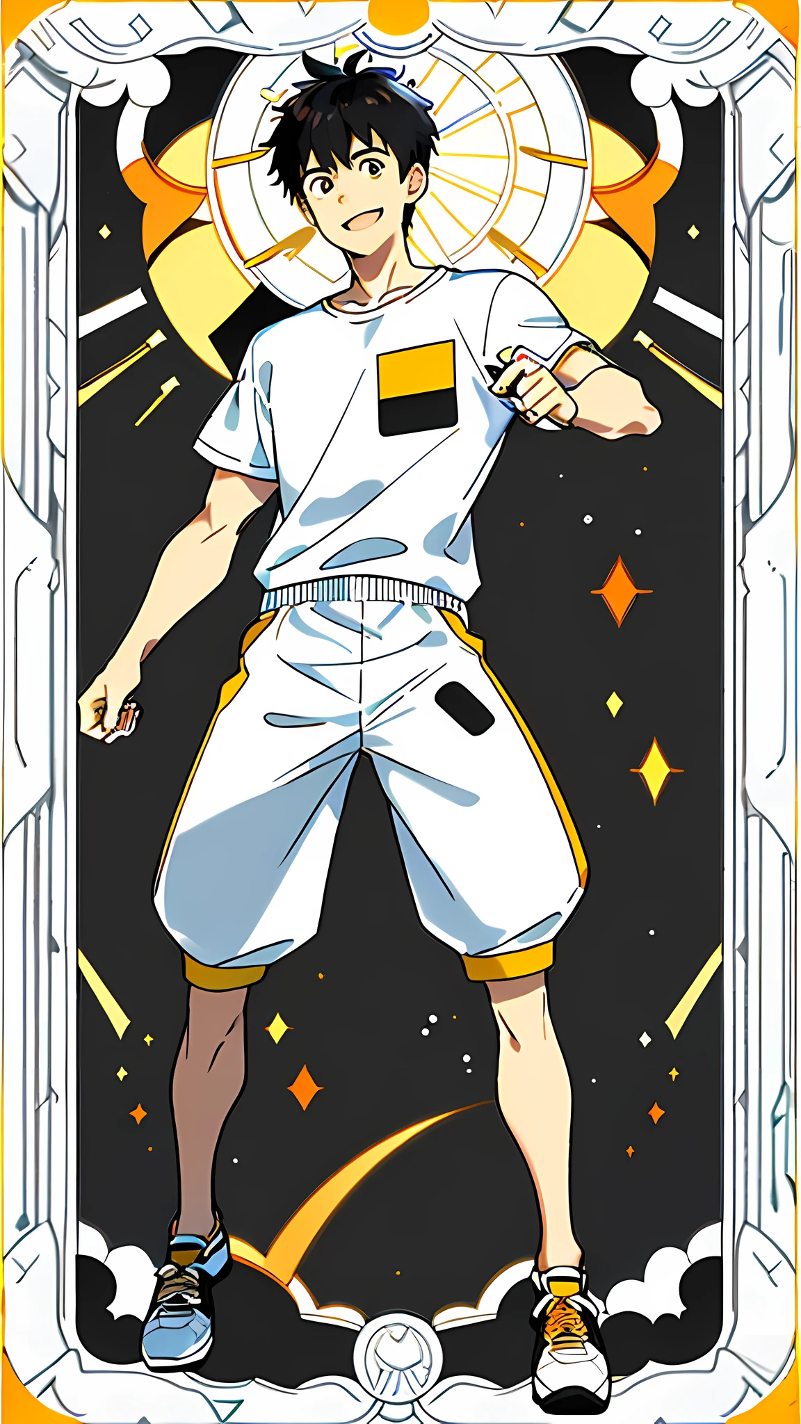 masterpiece, best quality, full body, card, 1 man, the sun, happy, laugh, short hair, black hair, brush cut, white shirt, standing, white, light, yellow, orange, black, buzz cut, bara, street style, white t-shirt, short pant, sport, center, man, looking at viewer, holding nothing