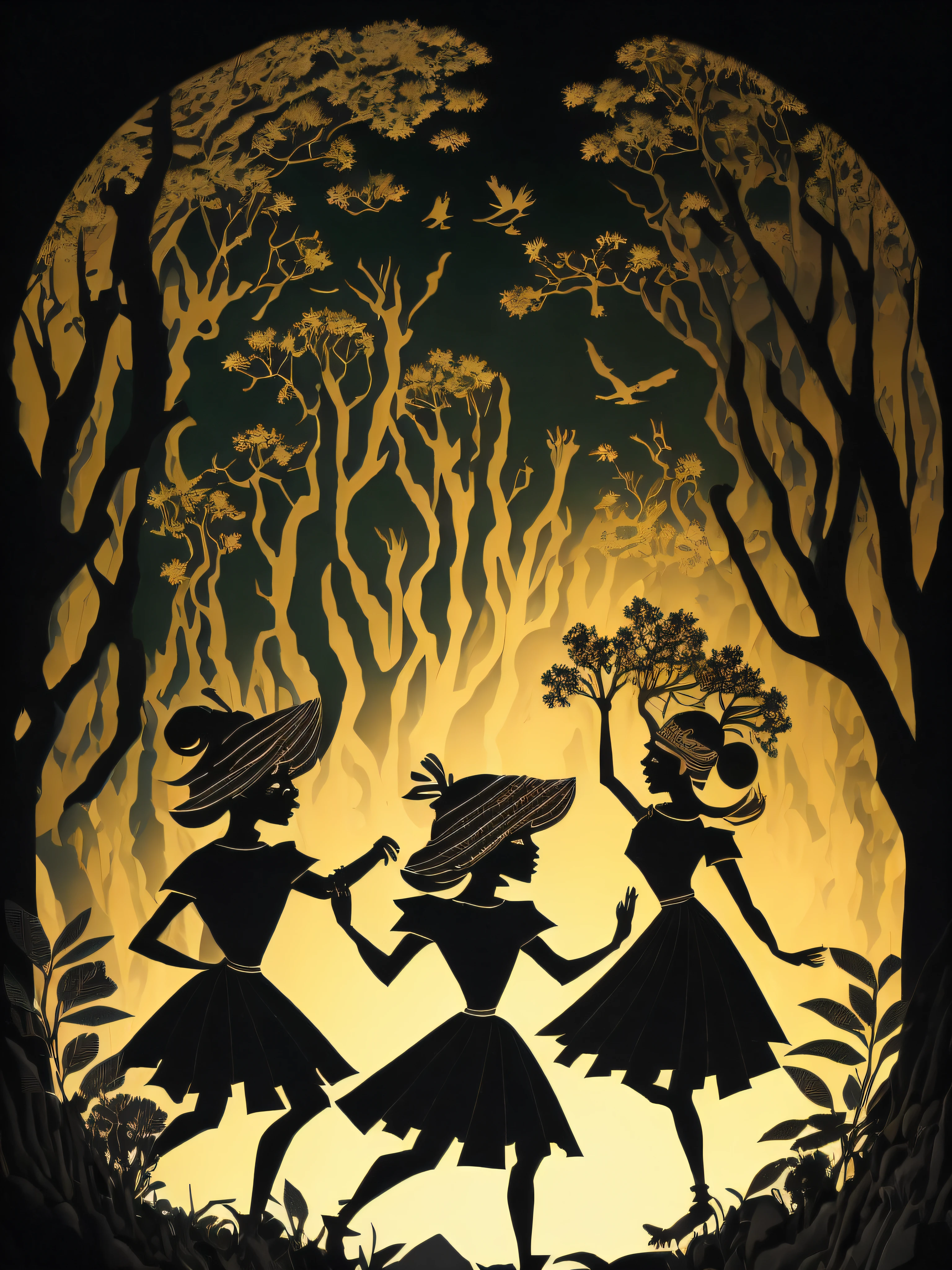 a paper cut scene of a group of trribal people dancing on a fileld with trees and jungle in the background by Lotte Reiniger