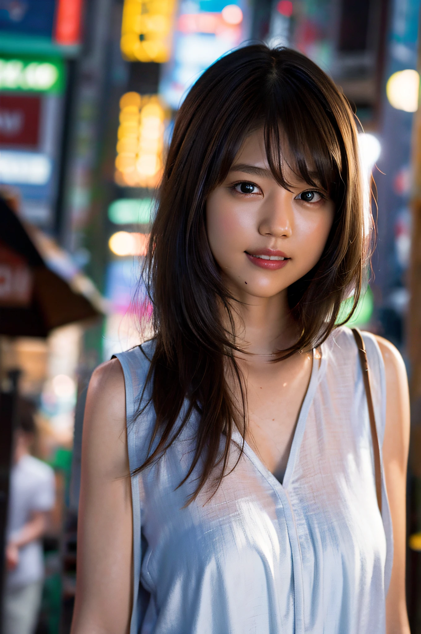 (8k, RAW photo, best quality, masterpiece: 1.2), (realistic, photorealistic: 1.37), ultra detail, ultra high resolution, one girl, beholder, beautiful detailed face, smile, constriction, (slim waist): 1.3), shirt, beautiful detailed skin, skin texture, floating hair, professional lighting, big breasts, kind eyes, white sleeveless, peering, upper body, neon, night view