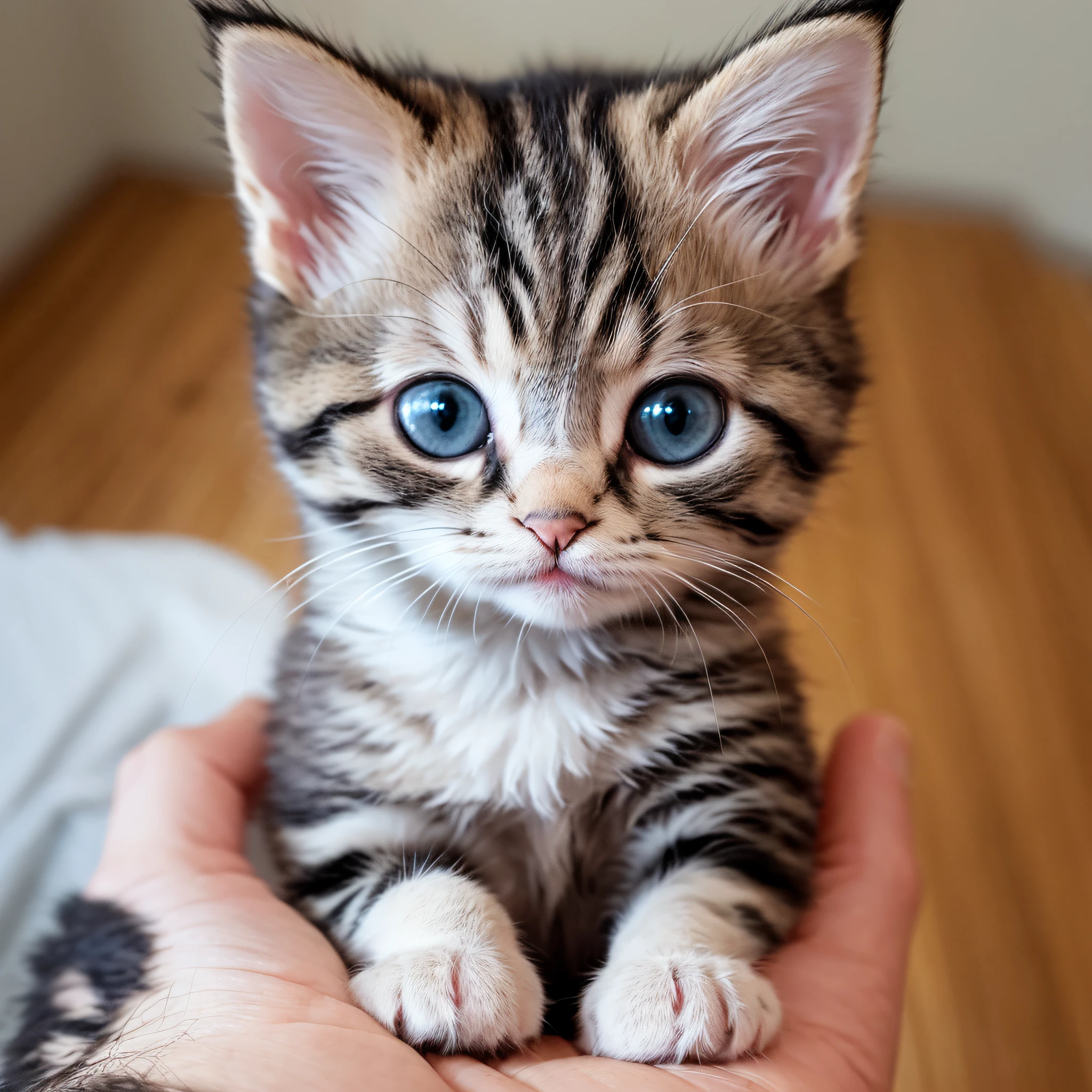 a small kitten sitting on a person's hand, Miniature kittens, animal focus, whiskers, looking at viewer, realistic, pov hands, blurry background