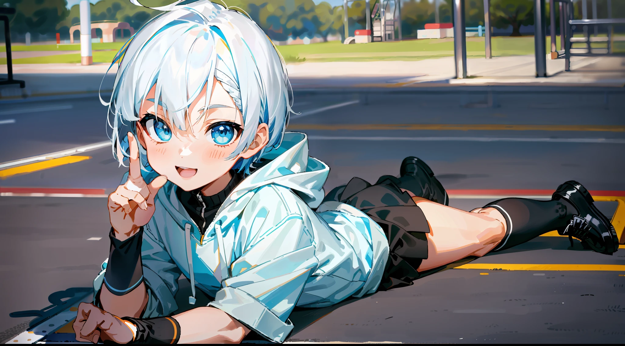 HD picture, children's youthful style, dynamic face appearance, strong and vibrant blue eyes, playground background, white Bob hairstyle 1boy lying on the ground facing the front knot scissors gesture, wearing slim white hoodie and black knee socks, smiling, black shoes, depth of field, full body view.