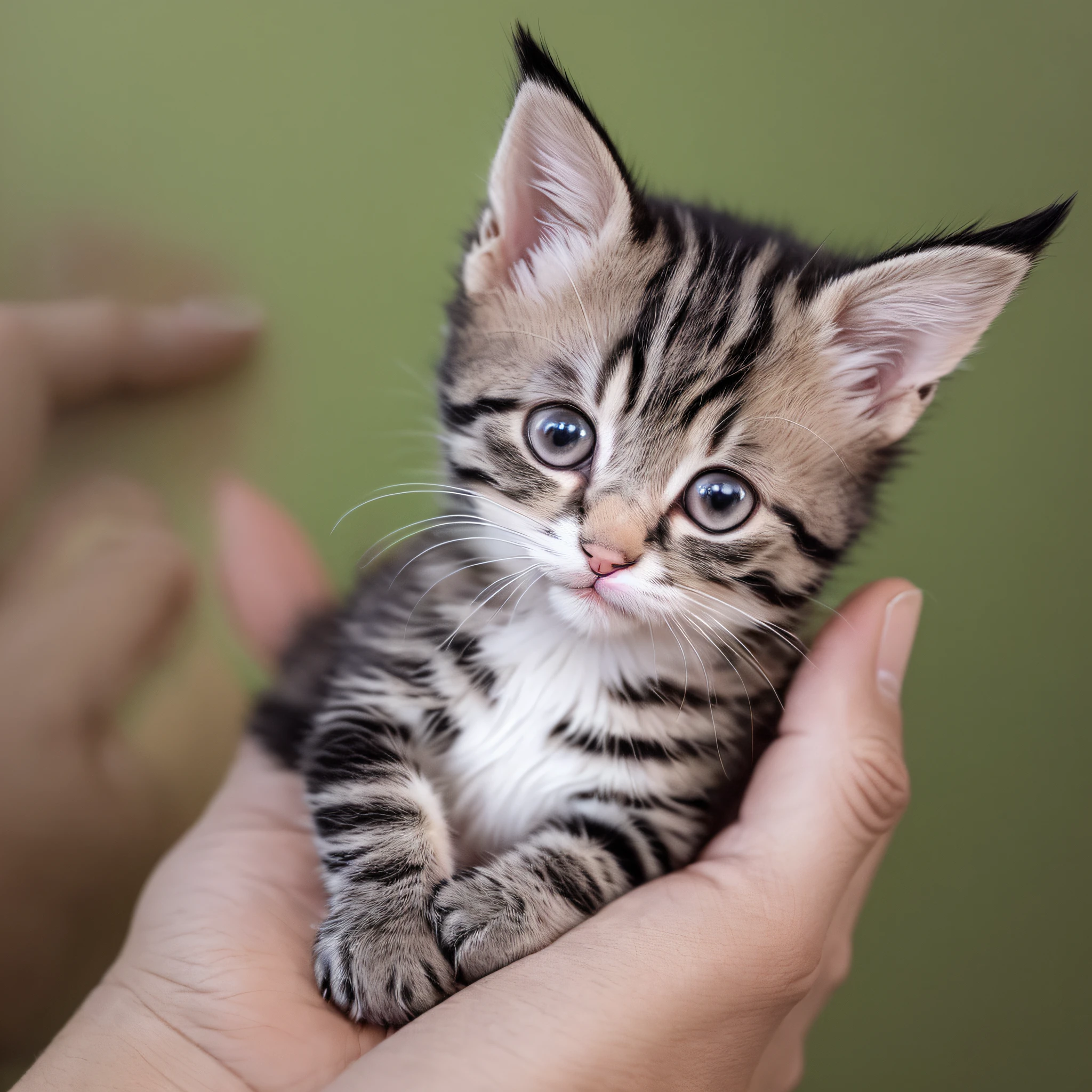 a small kitten sitting on a person's hand, Miniature kittens, animal focus, whiskers, looking at viewer, realistic, pov hands, blurry background