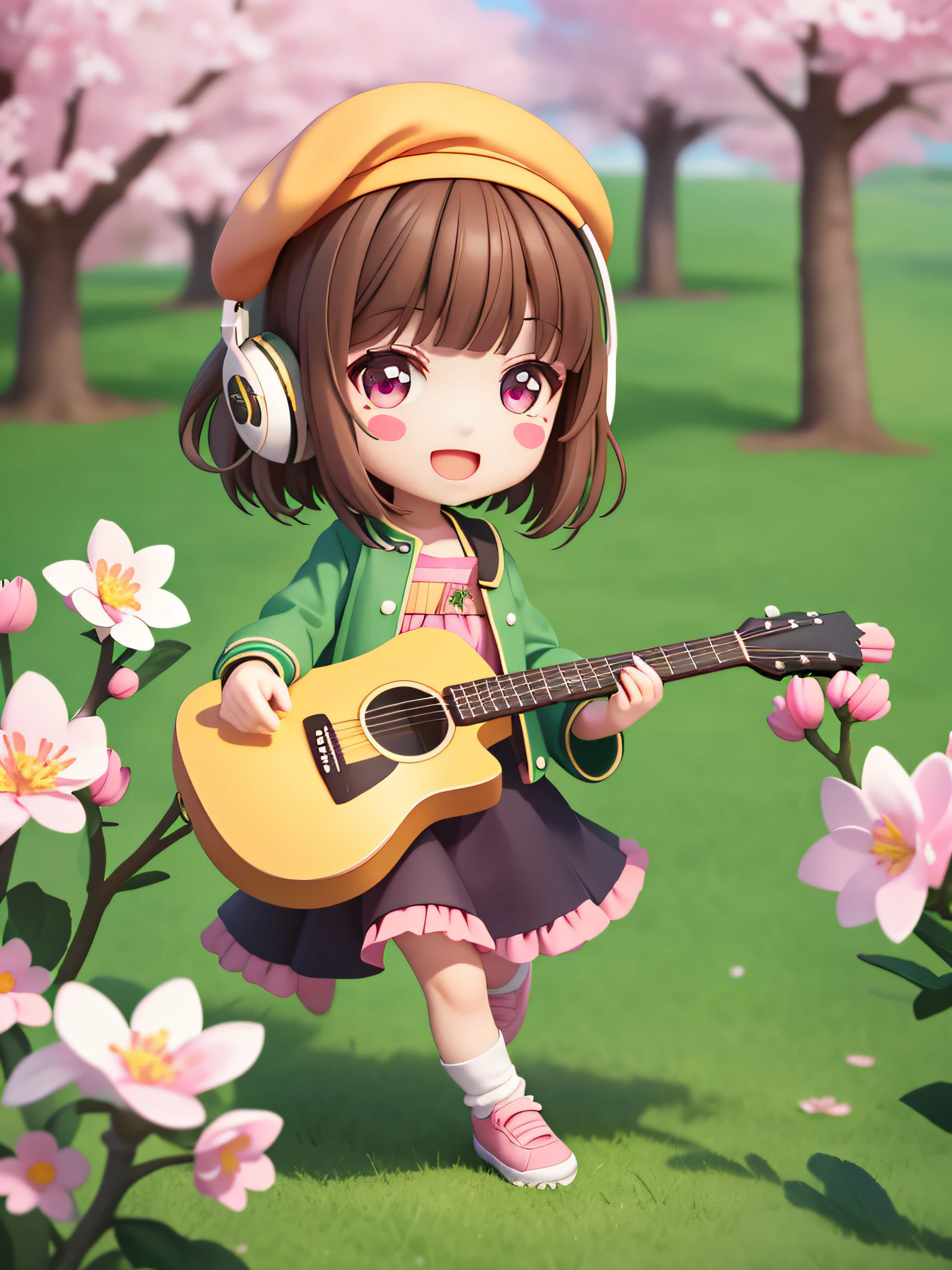 (masterpiece),(best quality),(ultra-detailed), (full body:1.2), 1girl,chibi,cute, smile, open mouth, flower, outdoors, playing guitar, music, beret, holding guitar, jacket, blush, tree, :3, shirt, short hair, cherry blossoms, green headwear, blurry, brown hair, blush stickers, long sleeves, bangs, headphones, black hair, pink flower, (beautiful detailed face), (beautiful detailed eyes),