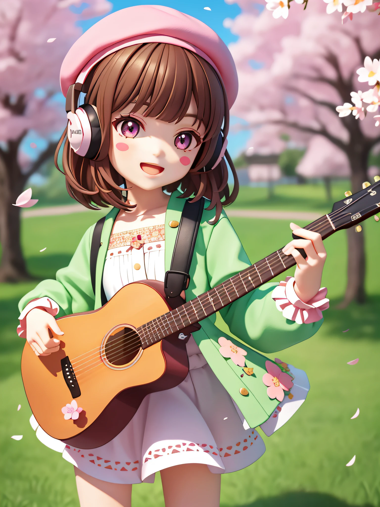 (masterpiece),(best quality),(ultra-detailed), (full body:1.2), 1girl,chibi,cute, smile, open mouth, flower, outdoors, playing guitar, music, beret, holding guitar, jacket, blush, tree, :3, shirt, short hair, cherry blossoms, green headwear, blurry, brown hair, blush stickers, long sleeves, bangs, headphones, black hair, pink flower, (beautiful detailed face), (beautiful detailed eyes),