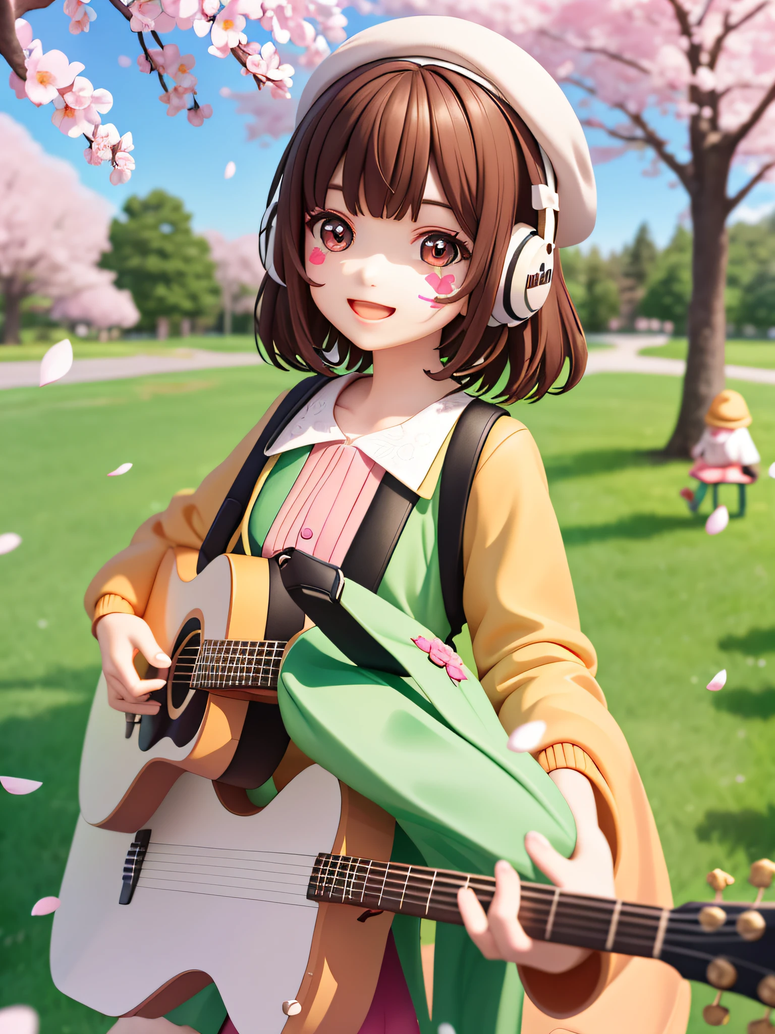 (masterpiece),(best quality),(ultra-detailed), (full body:1.2), 1girl,chibi,cute, smile, open mouth, flower, outdoors, playing guitar, music, beret, holding guitar, jacket, blush, tree, :3, shirt, short hair, cherry blossoms, green headwear, blurry, brown hair, blush stickers, long sleeves, bangs, headphones, black hair, pink flower, (beautiful detailed face), (beautiful detailed eyes),