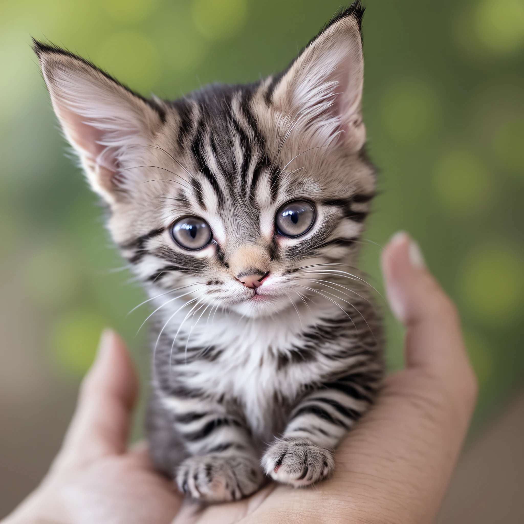 a small kitten sitting on a person's hand, Miniature kittens, animal focus, whiskers, looking at viewer, realistic, pov hands, blurry background