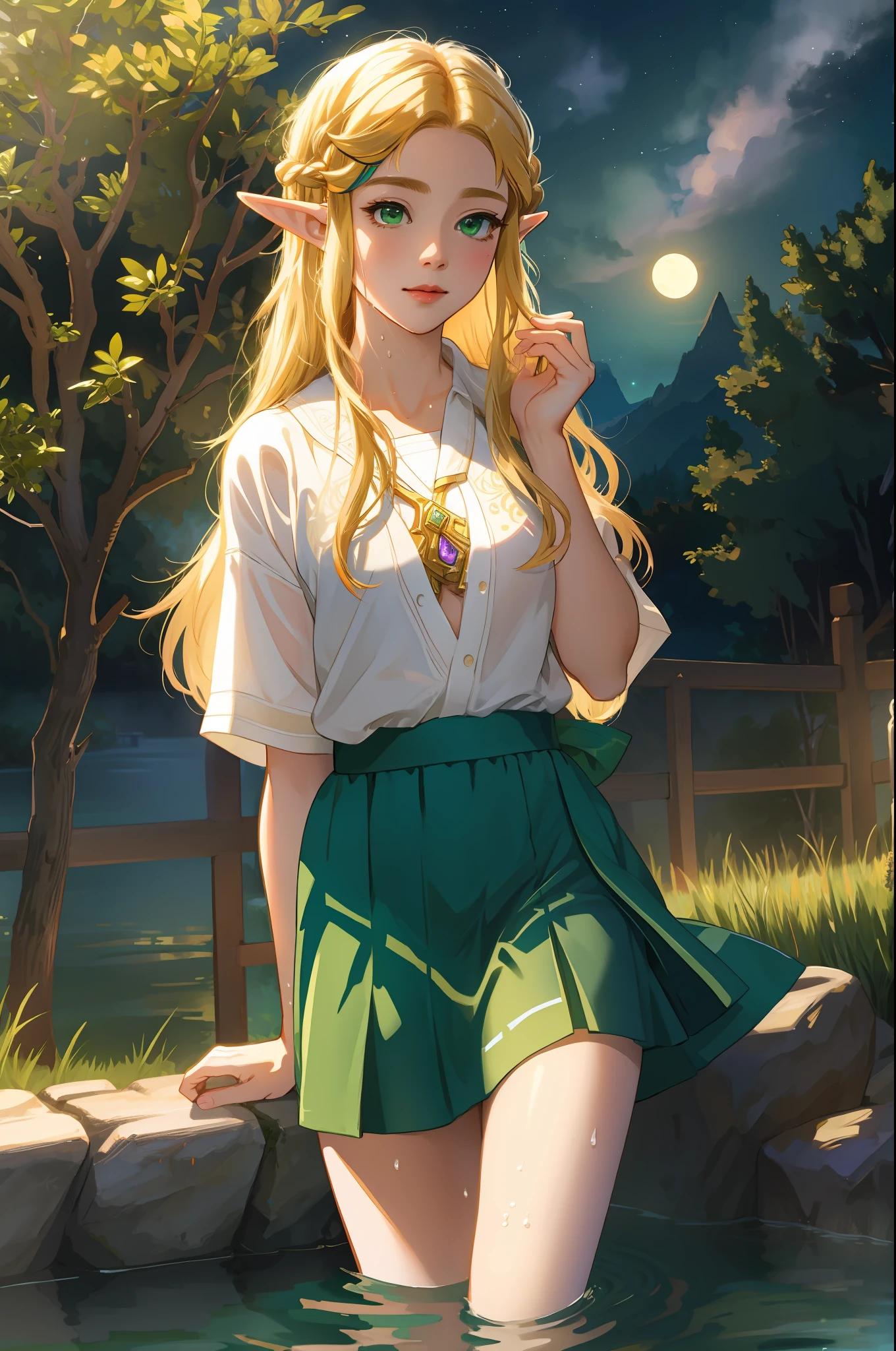 Zelda ((masterpiece)), (illustration), ((best quality)), rainbow color, high resolution illustration, Amazing, highres, intricate detail, extremely detailed CG unity 8k wallpaper ((zelda)), small breast, naked, Blonde long hair, infatuation, (green eyes), NSFW, moonlight, night, in the water, hot spring, sexy short skirt, no panties, wet clothes, transparent clothes, no bra, undressing