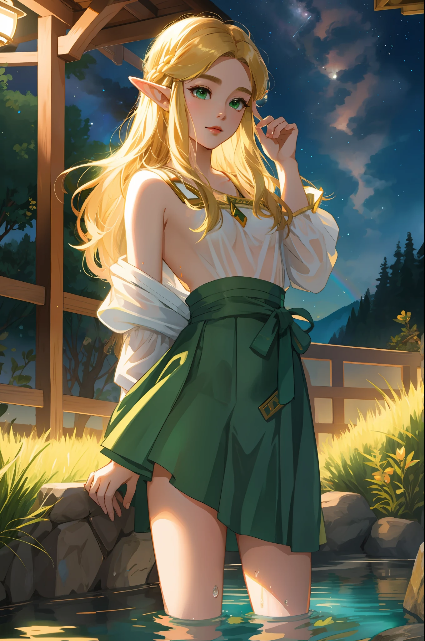 Zelda ((masterpiece)), (illustration), ((best quality)), rainbow color, high resolution illustration, Amazing, highres, intricate detail, extremely detailed CG unity 8k wallpaper ((zelda)), small breast, naked, Blonde long hair, infatuation, (green eyes), NSFW, moonlight, night, in the water, hot spring, sexy short skirt, no panties, wet clothes, transparent clothes, no bra, undressing