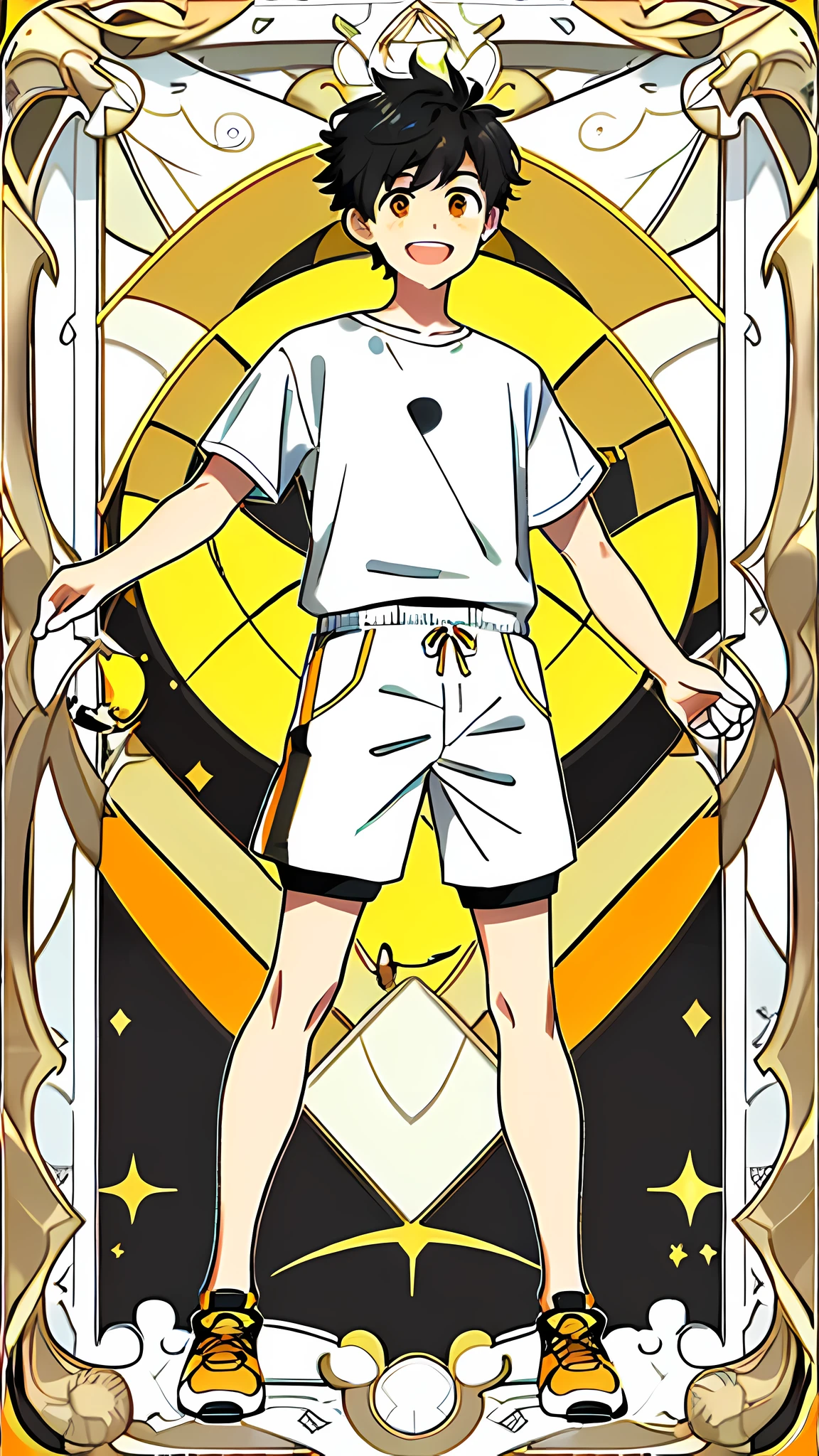 masterpiece, best quality, full body, card, 1 man, the sun, happy, laugh, short hair, black hair,  brush cut, white shirt, standing, white, light,  yellow, orange, black,  buzz cut, bara, street style, white t-shirt, short pant, sport, center, man, looking at viewer, holding nothing, standing