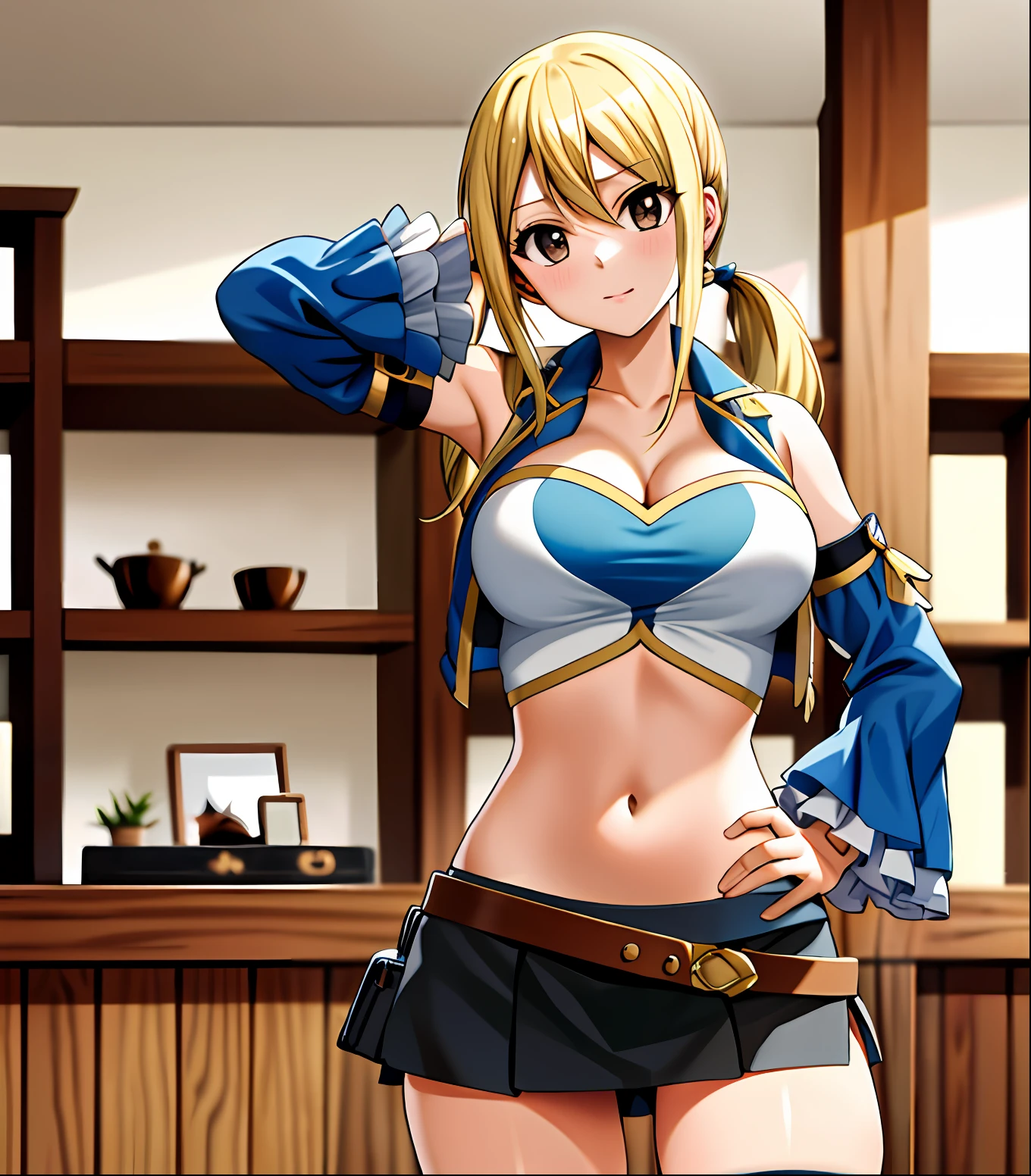 masterpiece, best quality, highres, lucy heartfilia, blonde hair, twintails, large breasts, black thighhighs, detached sleeves, midriff, cropped vest, strapless, belt, black skirt, cowboy shot, indoors, standing,