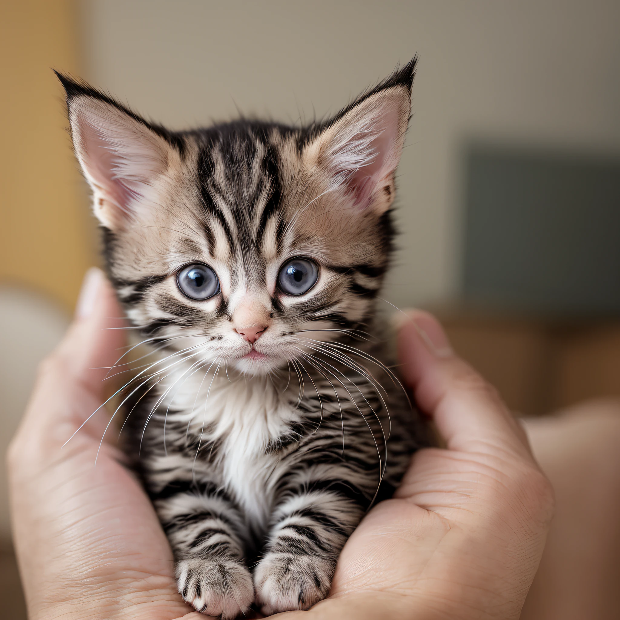 a small kitten sitting on a person's hand, Miniature kittens, animal focus, whiskers, looking at viewer, realistic, pov hands, blurry background