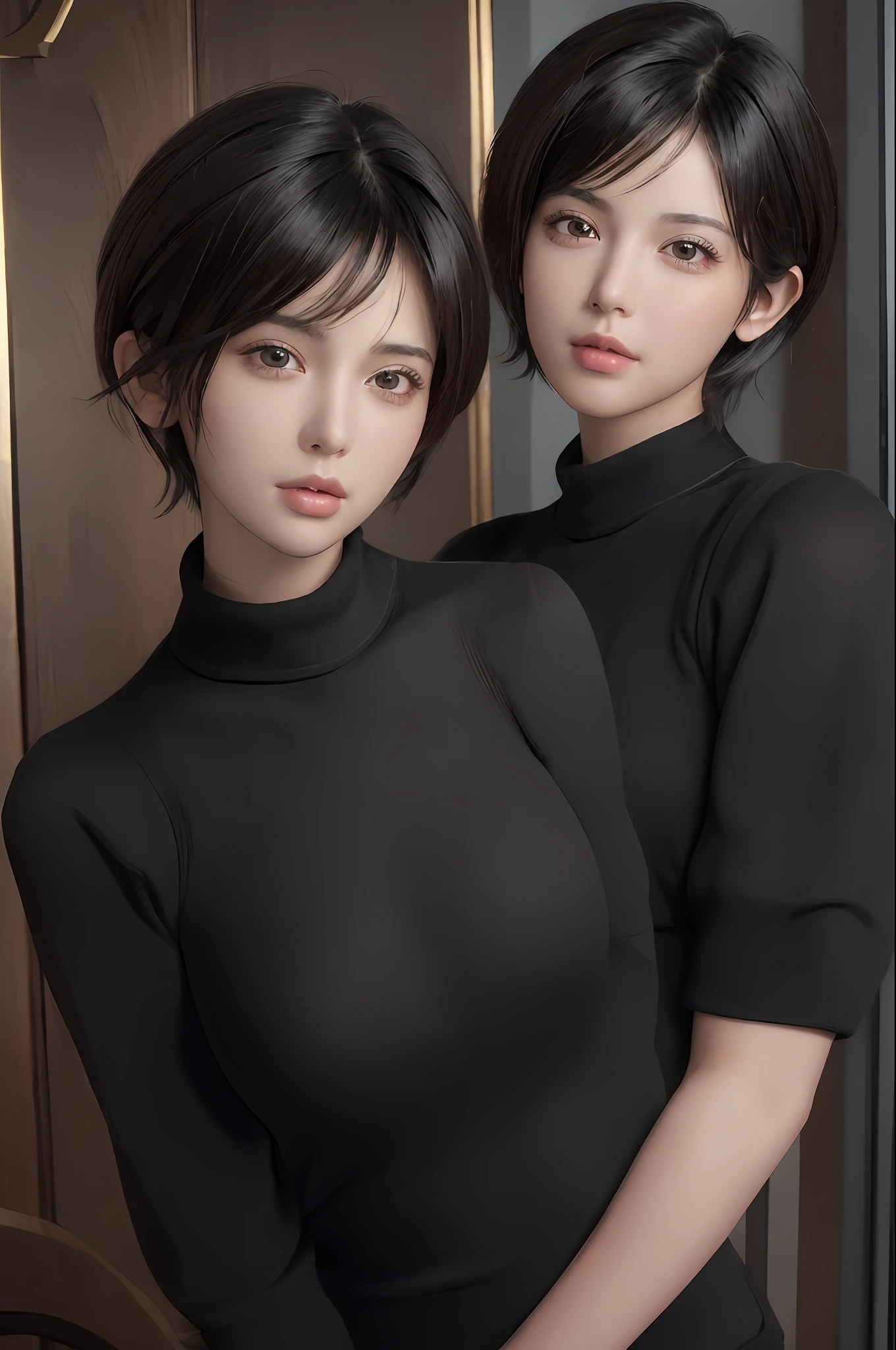 (masterpiece:1.3), (8k, photorealistic, RAW photo, best quality: 1.4), (1girl), beautiful face, (realistic face), (black hair, short hair:1.3), beautiful hairstyle, realistic eyes, beautiful detailed eyes, (realistic skin), beautiful skin, (sweater), absurdres, attractive, ultra high res, ultra realistic, highly detailed, golden ratio