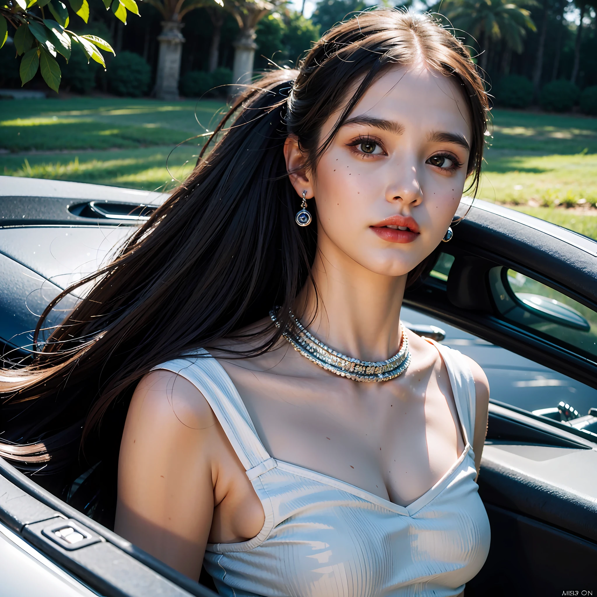 (best quality, masterpiece:1.2), ultra high detailed face, (realistic, photorealistic:1.4), 1girl in a sports car, solo, beautiful detail, 8k, RAW Photo, CG, full body, long hair, (intricate details:1.1), ultra detail beatiful eyes, earrings