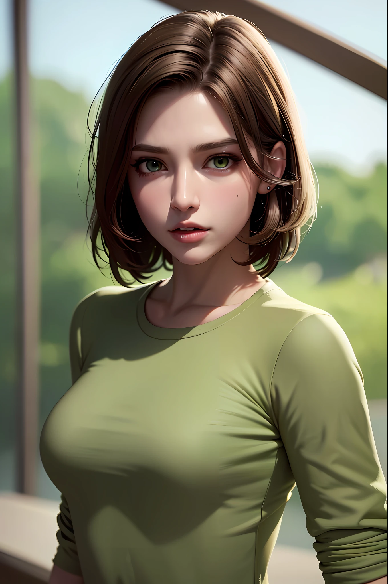 (8k, 4k, best quality, highres, ultra high res:1.1), (masterpiece, realistic, photo-realistic:1.1), 1girl, close up, very short brown hair, big boobs, white skin, green shirt, green eyes, long eyelashes, eyeshadow,  small face, big eyes