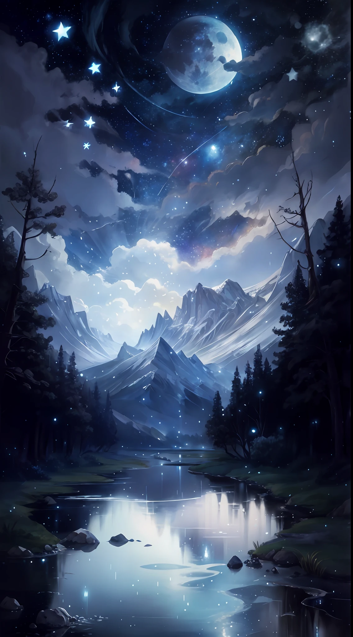 A painting of stars and moons in the river and sky, concept art inspired by Tosa Mitsuoki, pixiv competition winner, best quality, fantasy art, beautiful anime scenes, a round of bright moon, starry sky environment under moonlight, dream painting, anime background art, dream landscape art, fantastic night, anime background, background artwork, fantastic art, atmospheric anime, starry sky, detail enhancement. RAW, Masterpiece, Super Fine Photo,, Best Quality, Ultra High Resolution, Photorealistic Photorealism, Sunlight, Full Body Portrait, Amazing Beauty,,Dynamic Pose,Delicate Face,Vibrant Eyes,(From the side), She Wears Futuristic Steel Woman Spider-Man costume, Very Detailed Background, Detailed Face, Detailed Complex Busy Background, Messy, Gorgeous, Milky White, Highly Detailed Skin, Realistic Skin Details, Visible Pores, Sharp Focus, Volume Fog, 8K UHD, DSLR Camera, High quality, film grain, fair skin, photorealism, lomography, huge metropolis in a futuristic dystopia, seen from below, translucent