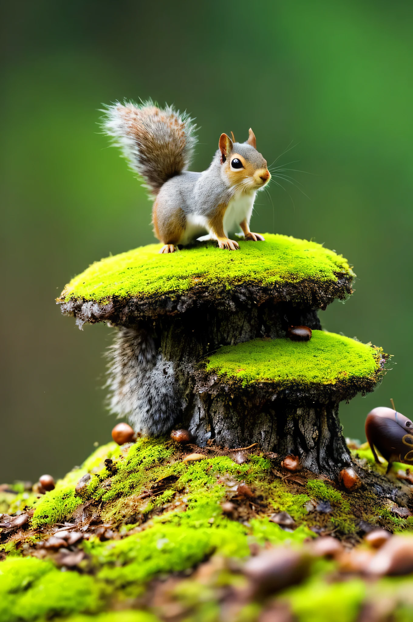 single squirrel perched on top of an anthill large black ants crawling up the anthill surrounded by acorns and moss patches isolated imagery-whimsical fantasy
