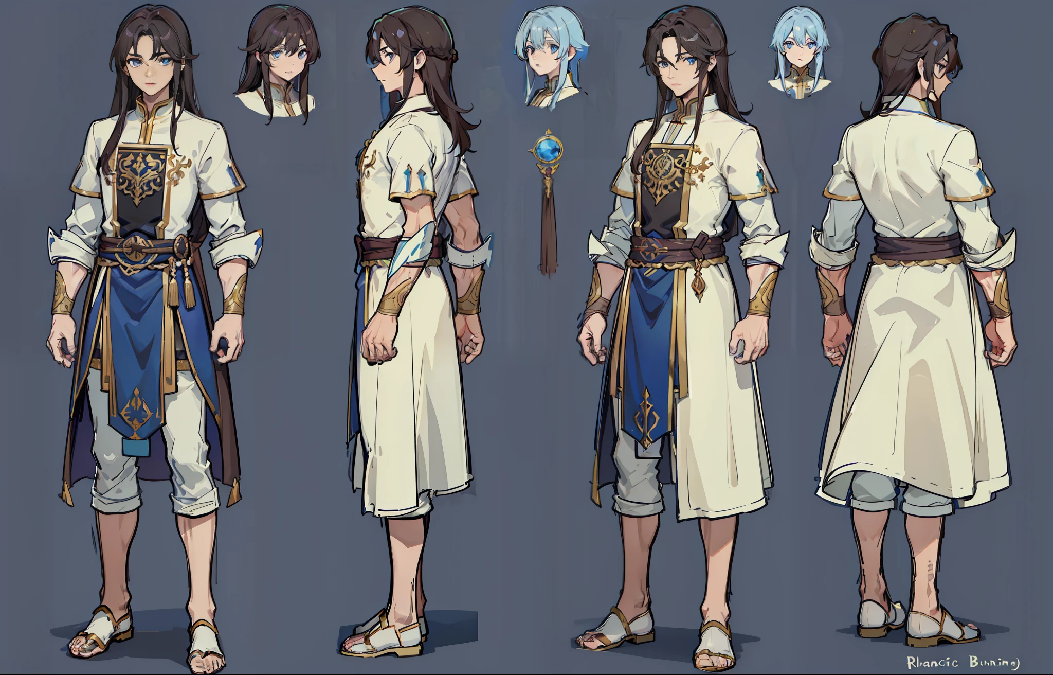 1man, reference sheet, (fantasy character design, front, back, side) tall, lean athletic build. magical blue eyes, dark brown hair, neatly kept, long hair. flowing runic robes.