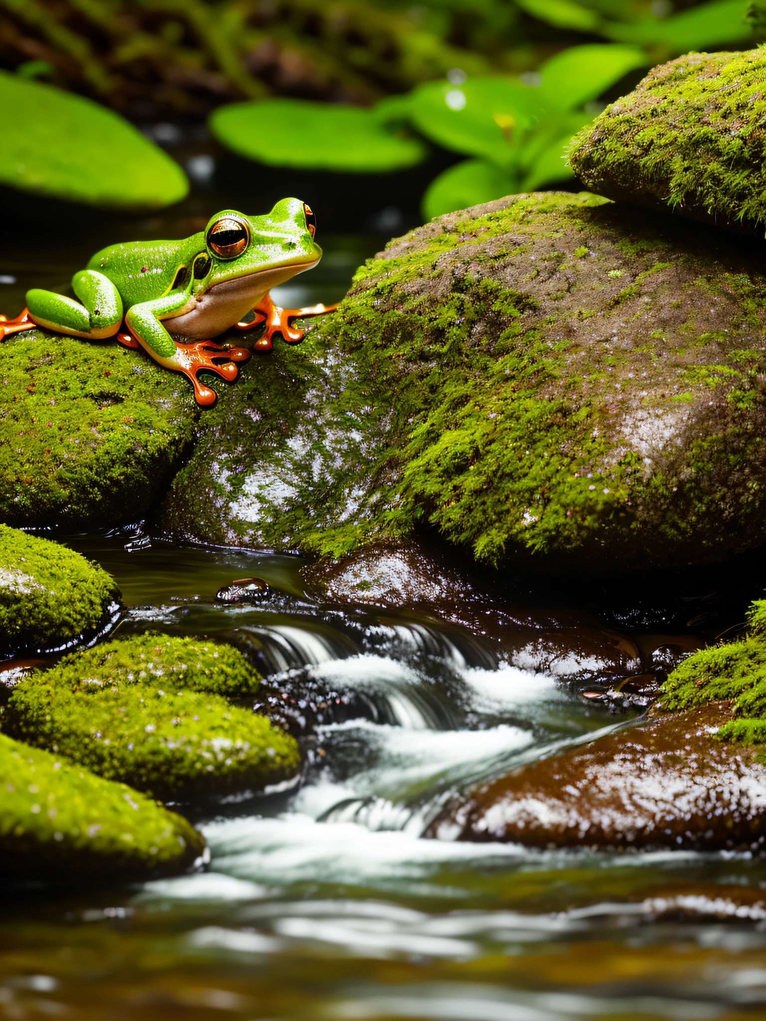 Little green frog with red stripes on mossy rocks near the rushing stream, ray tracing, detailed reflections, intricacies, high detail, dramatic, masterpiece of the best quality, realistic, detailed, 8k, HDR, backlight, halo, flash, chromatic aberration, clear focus