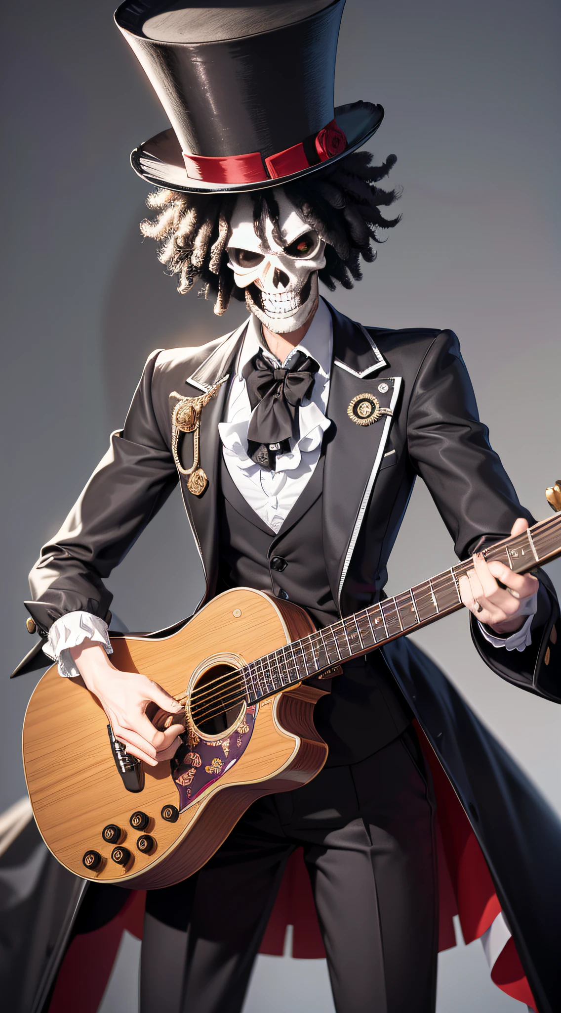 masterpiece, best quality,8k,highestres, absurdres, extremely detailed, brook\(one piece\), afro hair, solo, looking at viewer, an extremely tall skeleton dressed in formal attire complete with top hat and guitar, ((skeleton hands and body)),///,