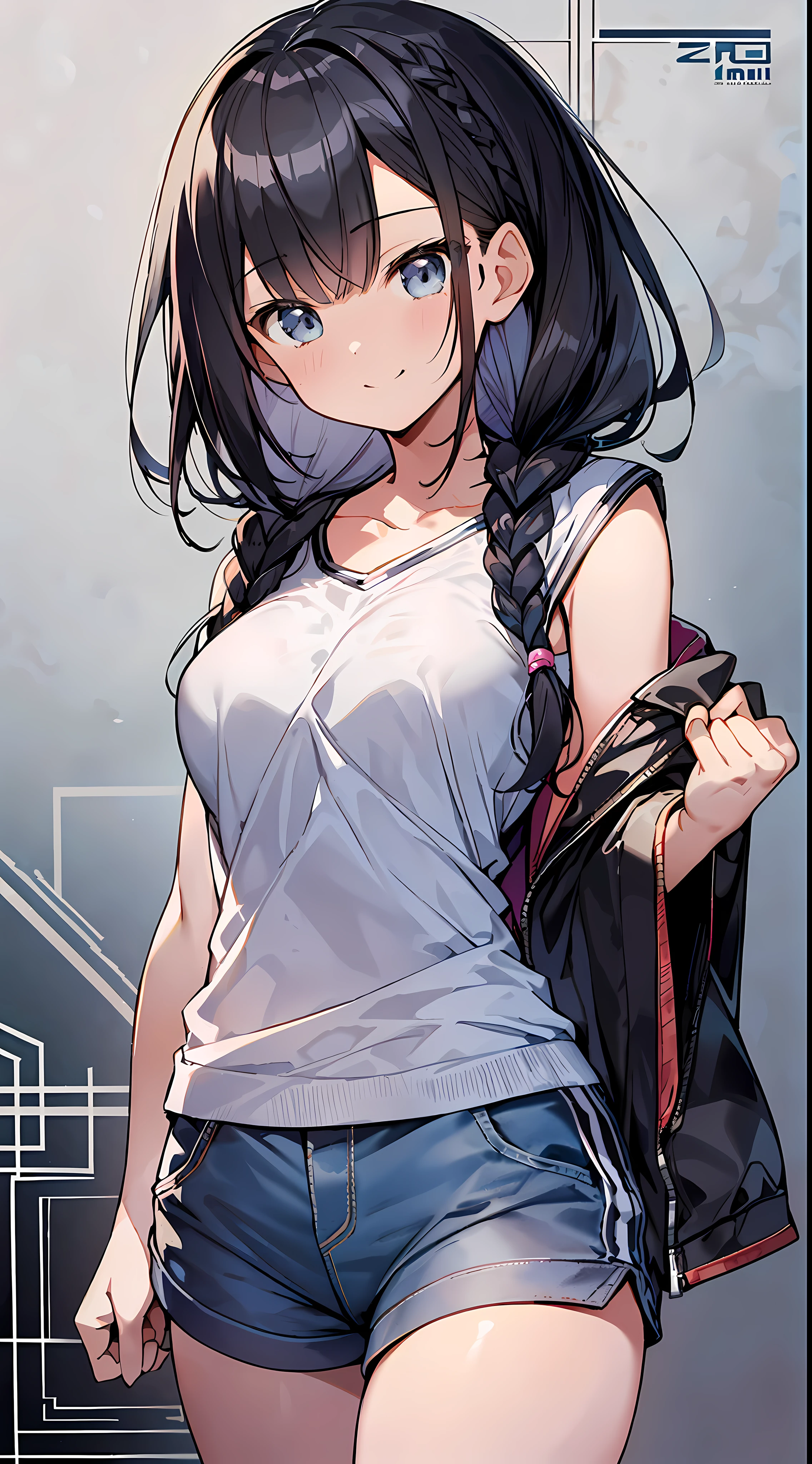 (Incredibly Absurdres Absolutely Resolution: 1.5), Top Quality, Masterpiece, Ultra High Resolution, 8k, Sun, (Workout Wear), Shoujo Manga Style, Loli, Mini Character, SD Chara, Soft Line Art, Denim Digital Enhancement, Shojo Manga Touch, Shojo Manga Core, (Hair length to shoulder)))), ( Short braid))), soft drawing, beautiful black hair, clear eyes, (((gentle smile)), ultra-detailed digital anime art, clear face depiction, ultra-detailed shojo manga character art, clear facial features, manga style, top quality colors, angle that you can see to your feet, entangle, beautiful and aesthetic: 1.5, high quality:1.3