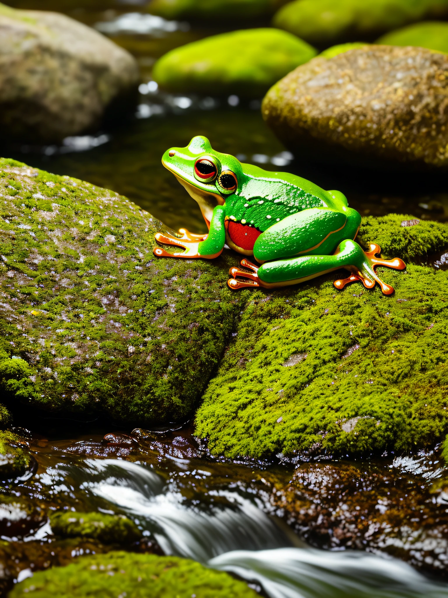 Little green frog with red stripes on mossy rocks near the rushing stream, ray tracing, detailed reflections, intricacies, high detail, dramatic, masterpiece of the best quality, realistic, detailed, 8k, HDR, backlight, halo, flash, chromatic aberration, clear focus