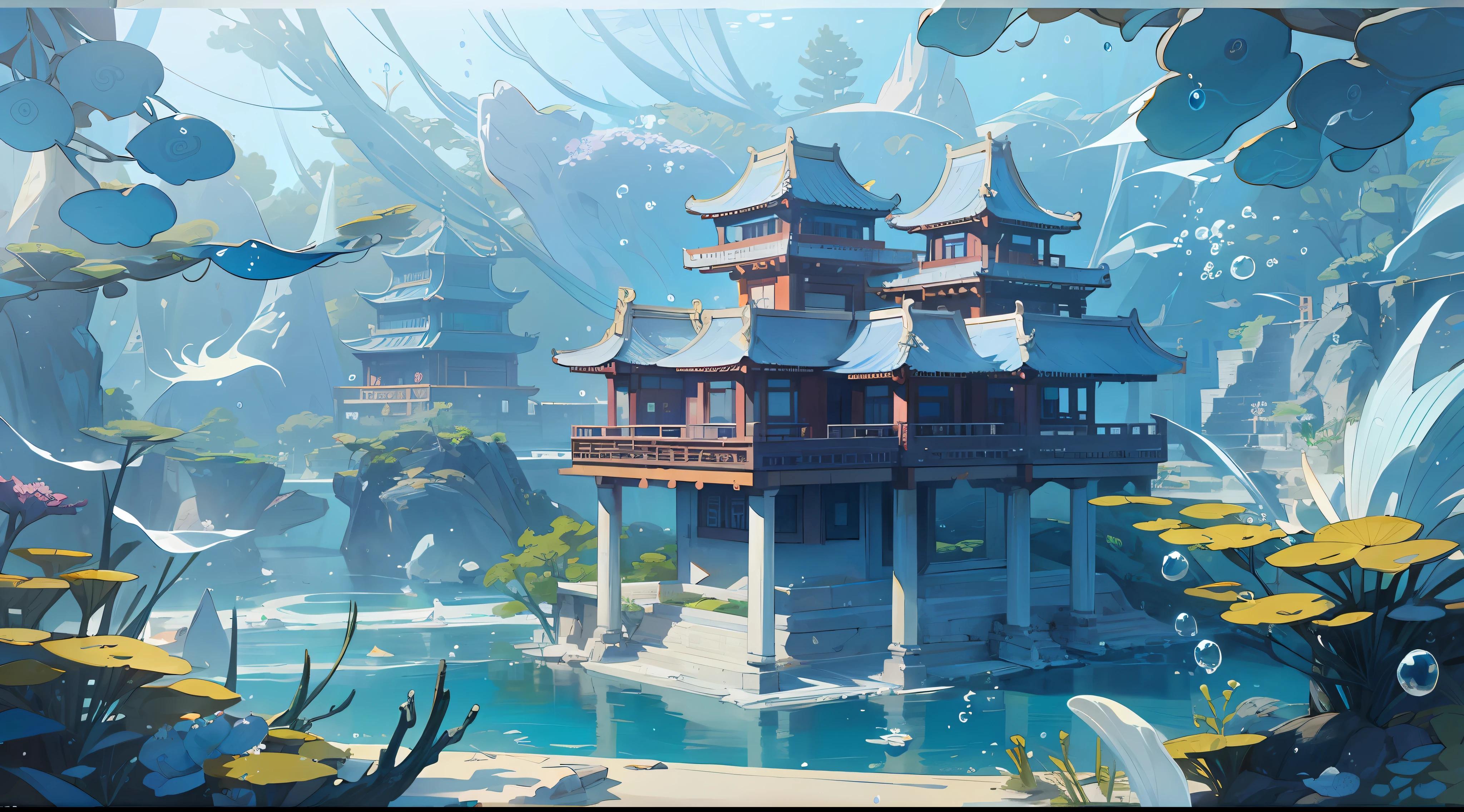 Ancient Chinese Palace, White Jade Palace Under the Sea, Underwater, Bubbles, Currents, Splashing Splashes, (Illustration: 1.0), Epic Composition, Natural Light, HD Details, Masterpiece, Best Quality, (Very Detailed CG Unified 8k Wallpaper)
