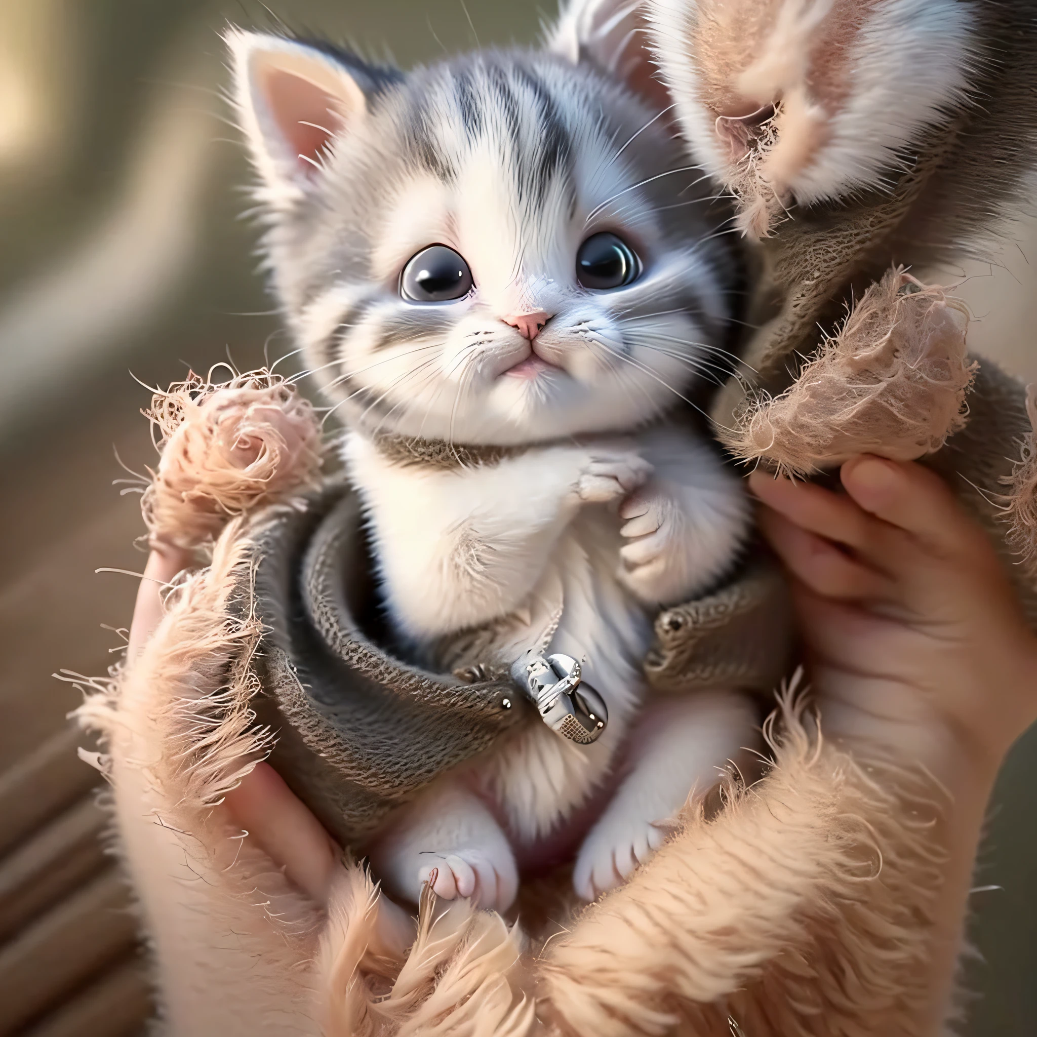 a small kitten sitting on a person's hand, Miniature kittens, animal focus, whiskers, looking at viewer, realistic, pov hands, blurry background
