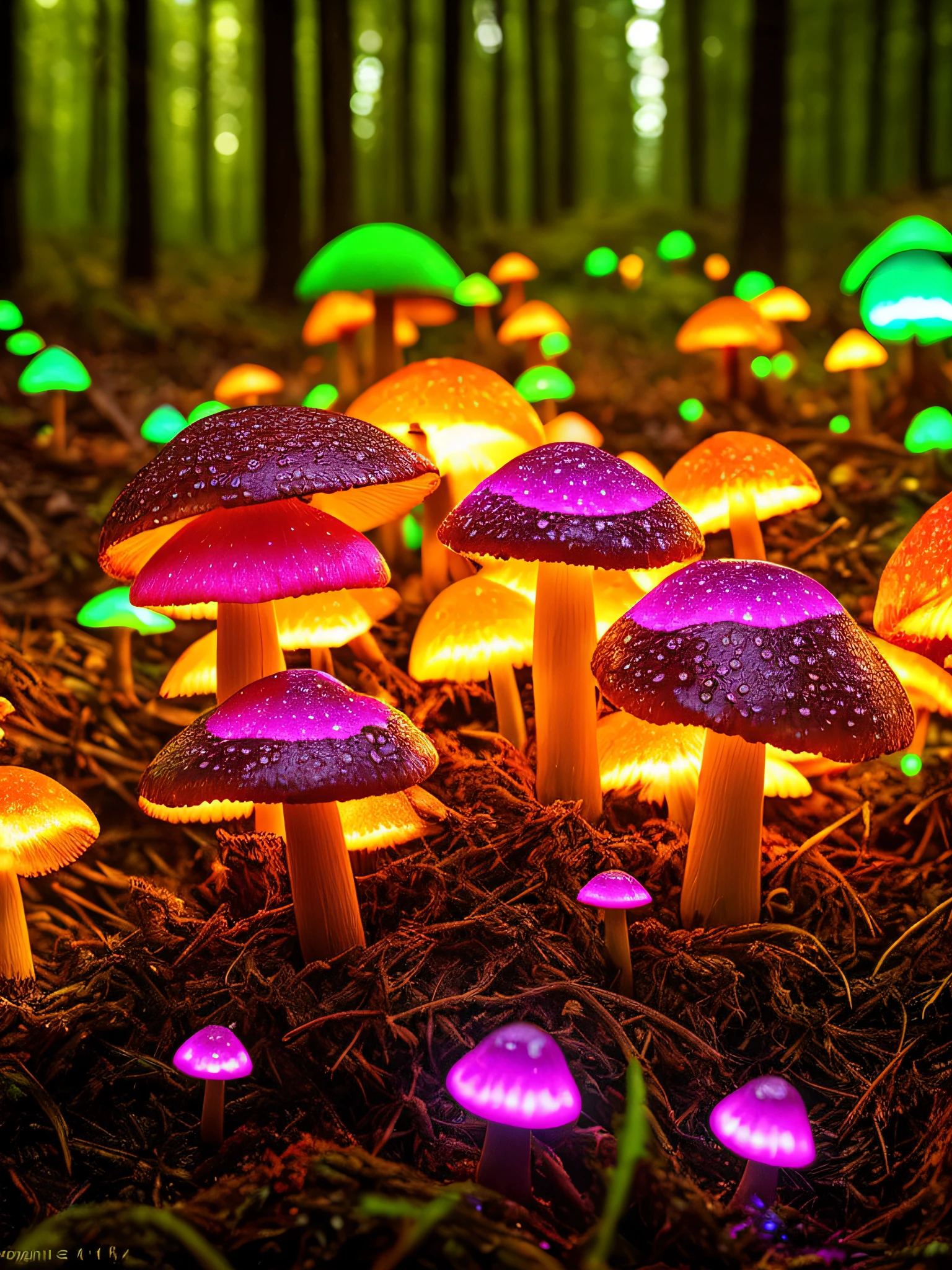 (Dark lens: 1.1), glowing backlit glowing forest mushrooms, water droplets, neon around mushrooms, faded, ultra-detailed