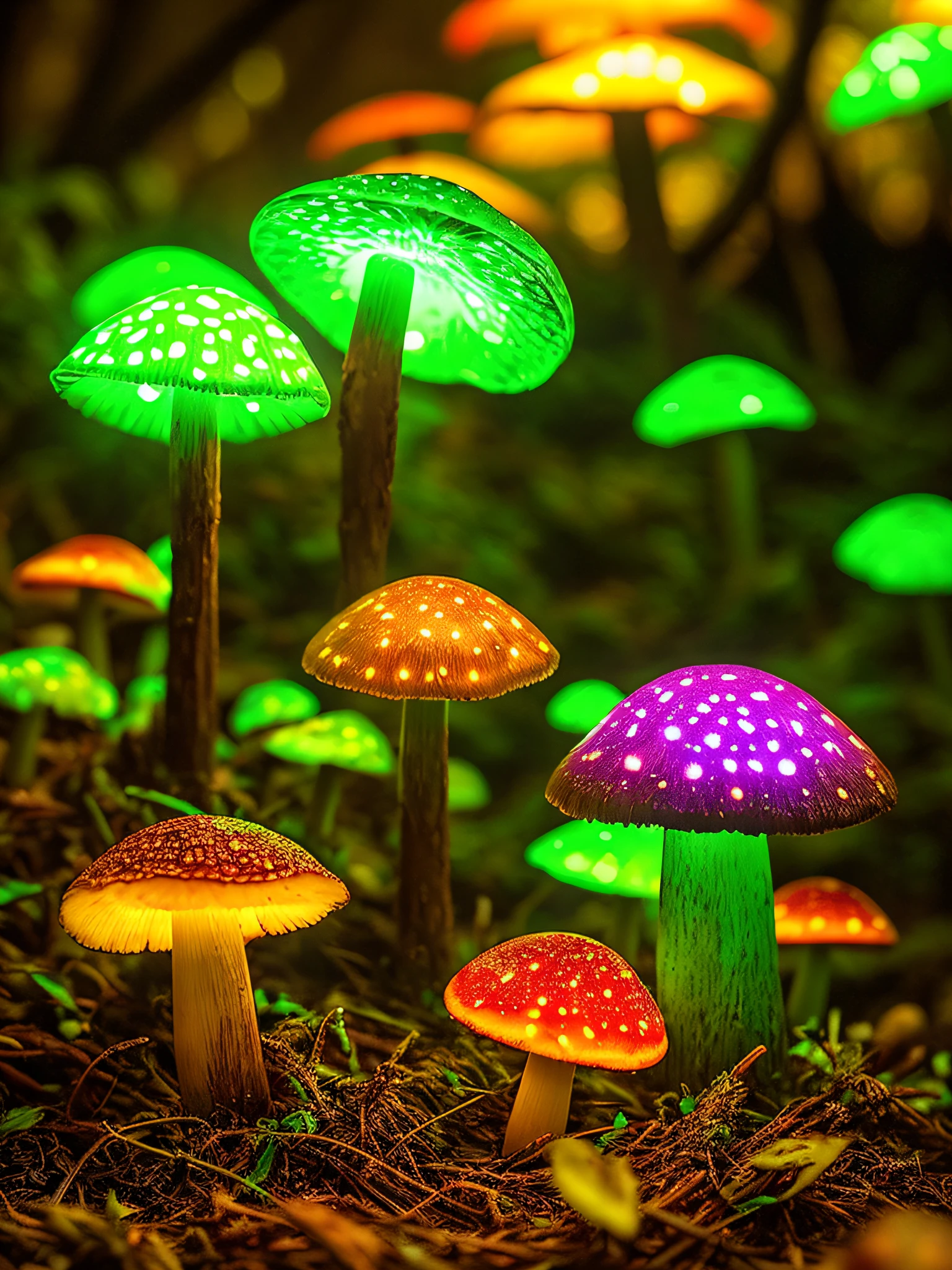 (Dark lens: 1.1), glowing backlit glowing forest mushrooms, water droplets, neon around mushrooms, faded, ultra-detailed