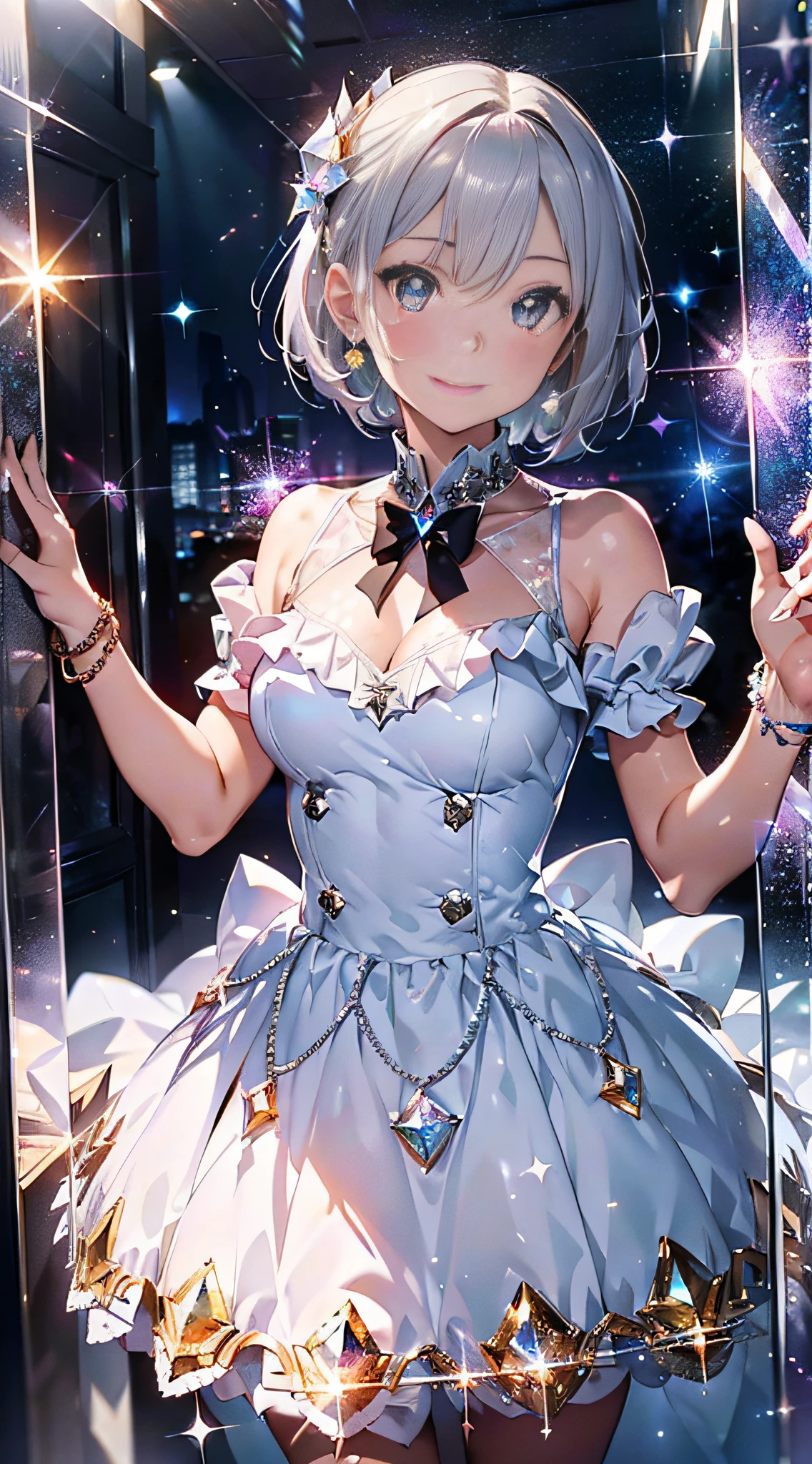 Diamond Gems, Diamond Necklaces
(((Masterpiece))). ((Super detail, top quality, high resolution, movie lighting, glitter, lens flare, light particles, glowing tones,))
Full Body (One Girl) Light Smile
((silver-haired, short hair,), wearing a dress, ruffles
Eyeshadow, eyeliner, beautiful eyes
18-year-old girl. Light, brilliance, glare, glare, glitter, reflection, prism, transparency. Thin material. (Diamond background)