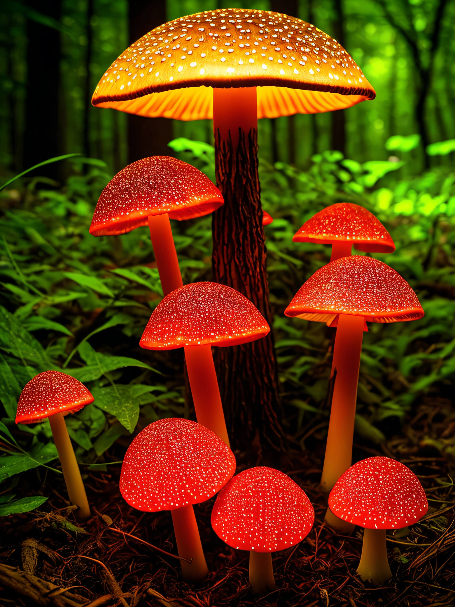 (Dark lens: 1.1), glowing backlit glowing forest mushrooms, water droplets, neon around mushrooms, faded, ultra-detailed
