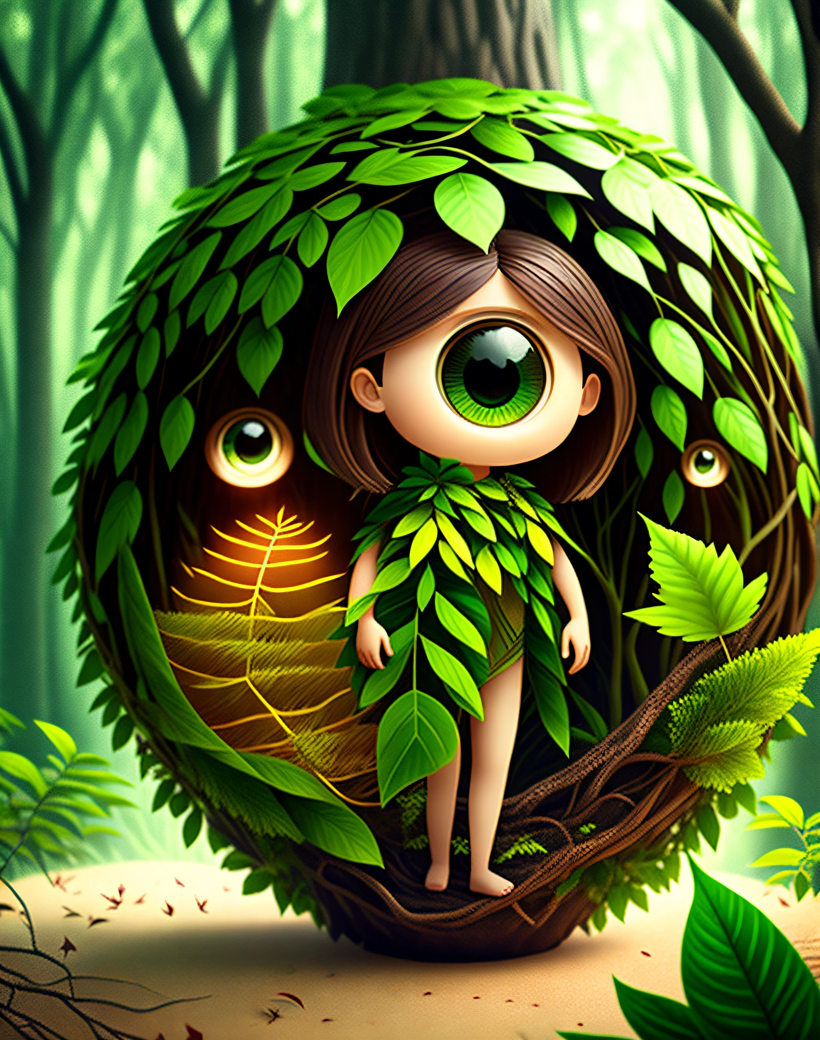 Imagine that a person's body grows leaves as if they are merging with the forest. Their limbs and torso are covered with lush greenery, and their hair is made of twigs and leaves. The scene is a dense foggy forest, and the overall feeling is a harmony and connection with nature, perfect eyes, perfect faces, cute round reflective big eyes, Pixar rendering, Unreal Engine movies with smooth, intricate details