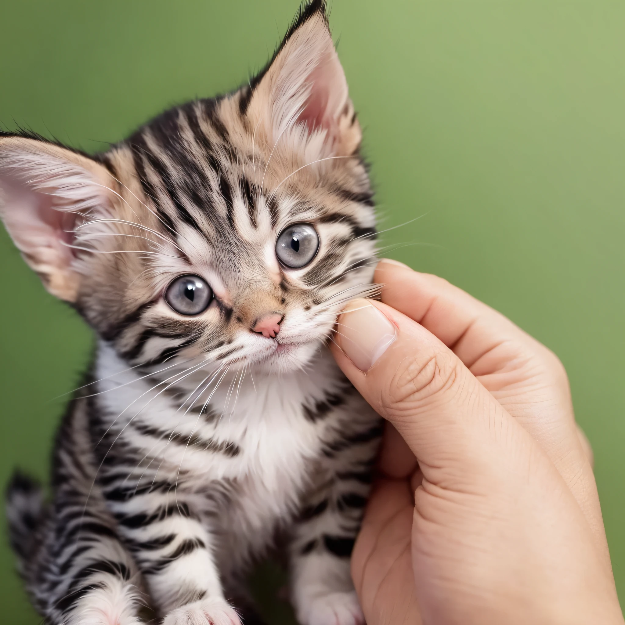 a small kitten sitting on a person's hand, Miniature kittens, animal focus, whiskers, looking at viewer, realistic, pov hands, blurry background