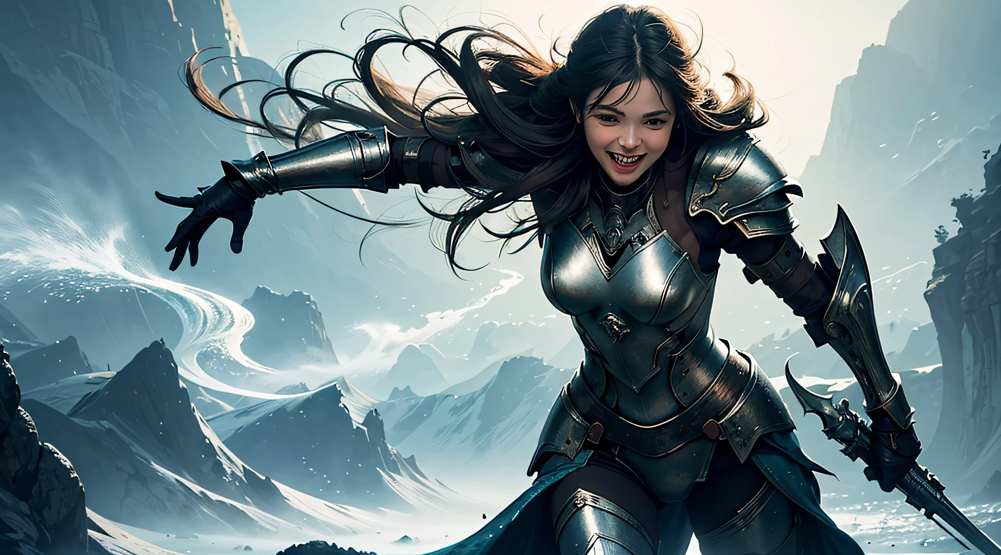 1girl, shiny armor, laughing, Subtle narrative, enigmatic atmosphere, atmospheric perspective, fluid movement, ethereal quality,solo,low fantasy,Lively Brushwork, Striking Composition, Psychedelic Imagery,