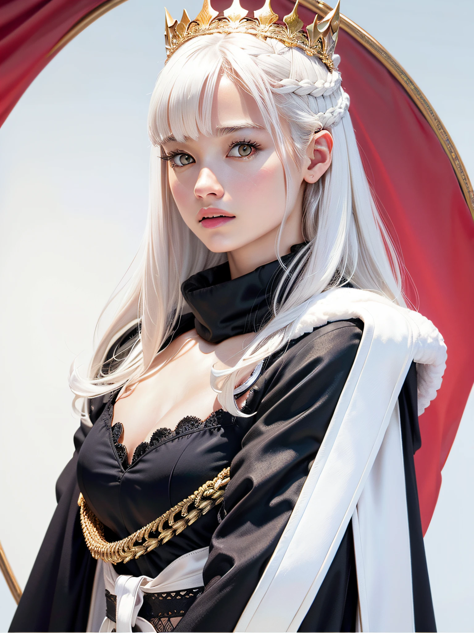 (masterpiece, top quality, highest quality, official art, beautiful and aesthetic: 1.2), ultra-detailed complex 3D rendering of face, various poses, ((exposed: 1.4)), black micro bikini, (exposure: 1.1), Perfect figure: 1.4, slim abs: 1.1, (1 girl), fur-lined cape, jeweled crown: 2.2), serious, cleavage, white hair, white skin