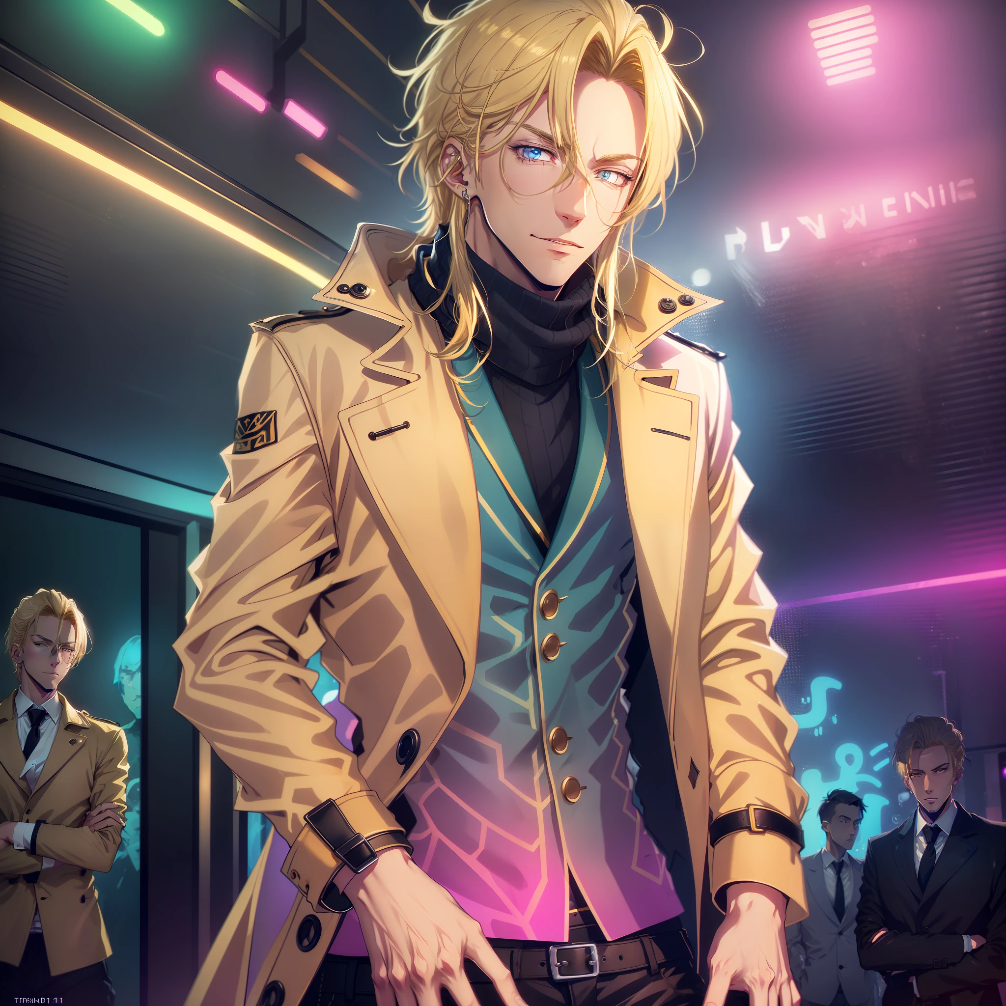 (best quality), a strikingly handsome (blonde man:1.2) in a (trench coat) and (scarf:0.9), (in a nightclub),(vivid colorful neon lights: 1.1), alluring atmosphere, detailed face, slim.