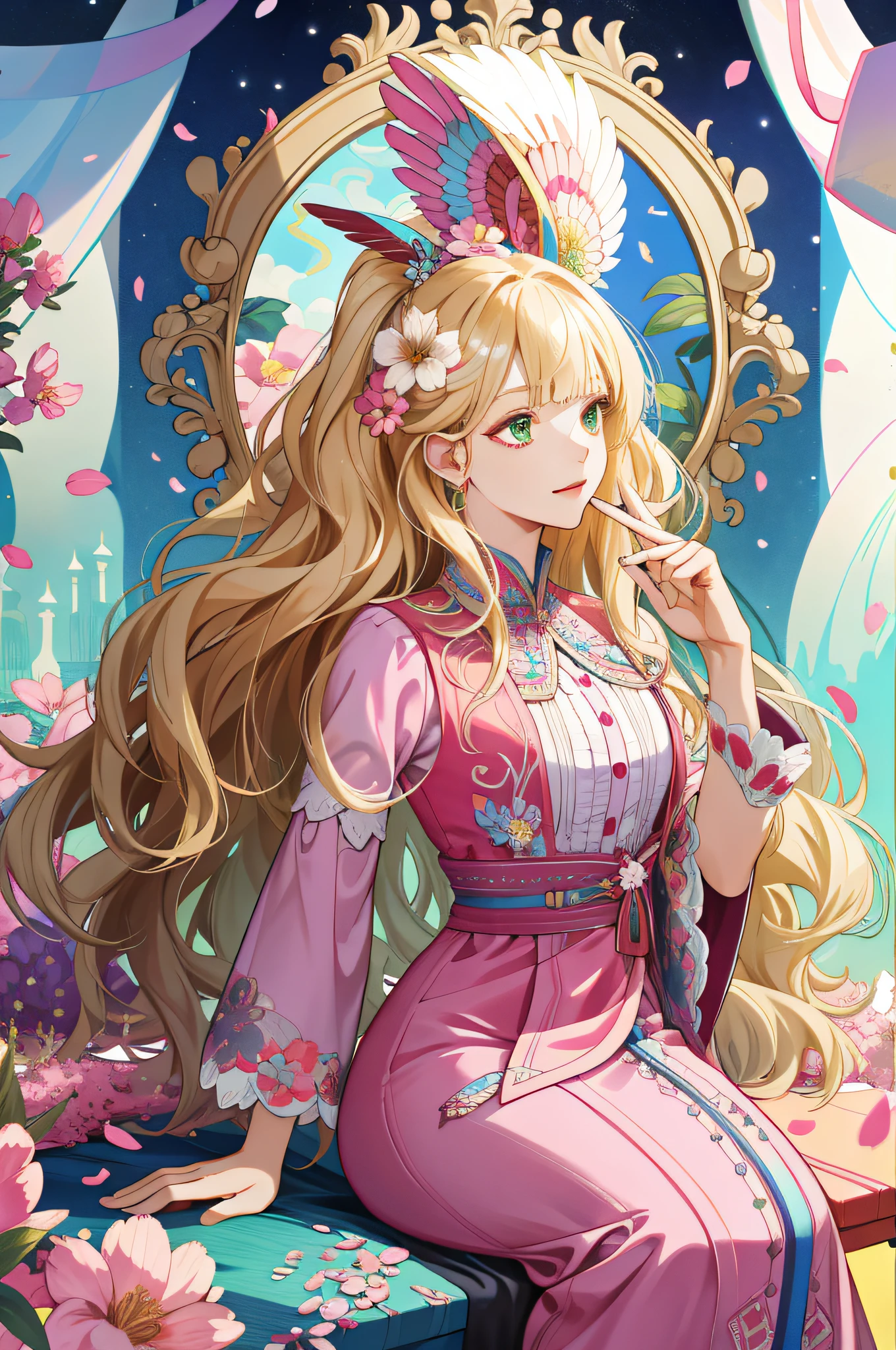 (absurdres, highres, ultra detailed), 1girl, mature female, wavy blonde hair, long hair, blunt bangs, green eyes, pink dress, finely detailed eyes and detailed face, extremely detailed CG unity 8k wallpaper, intricate details, BREAK , kaleidoscopic imagery, symmetrical patterns, vibrant colors, geometric shapes, mesmerizing designs, optical illusions, dynamic composition BREAK , pantomime art, expressive body language, silent storytelling, evocative gestures, visual narratives, theatrical performances BREAK , blooming flowers, colorful petals, fragrant scents, nature's bounty, vibrant gardens, peaceful scenery