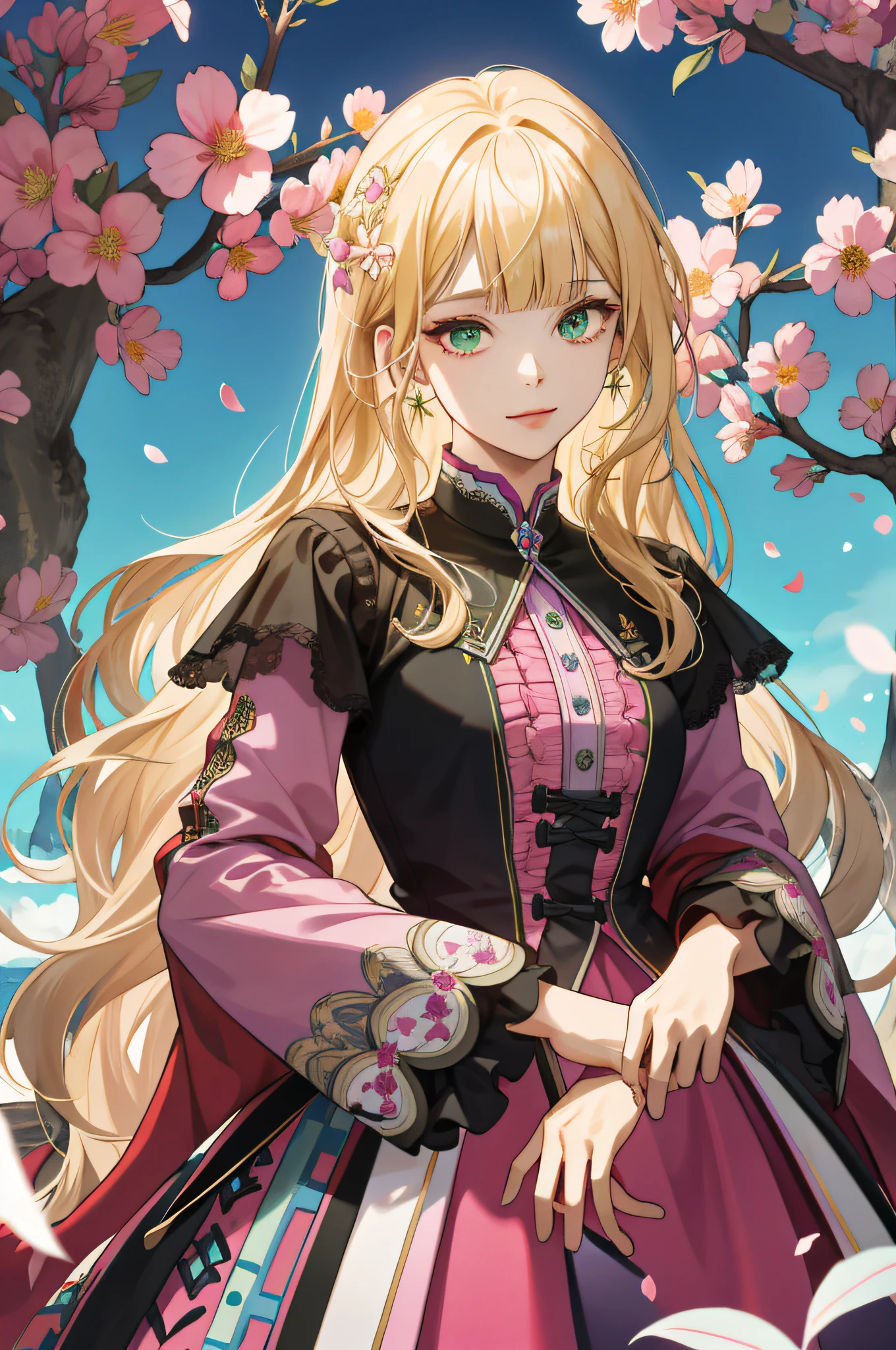 (absurdres, highres, ultra detailed), 1girl, mature female, wavy blonde hair, long hair, blunt bangs, green eyes, pink dress, finely detailed eyes and detailed face, extremely detailed CG unity 8k wallpaper, intricate details, BREAK , kaleidoscopic imagery, symmetrical patterns, vibrant colors, geometric shapes, mesmerizing designs, optical illusions, dynamic composition BREAK , pantomime art, expressive body language, silent storytelling, evocative gestures, visual narratives, theatrical performances BREAK , blooming flowers, colorful petals, fragrant scents, nature's bounty, vibrant gardens, peaceful scenery