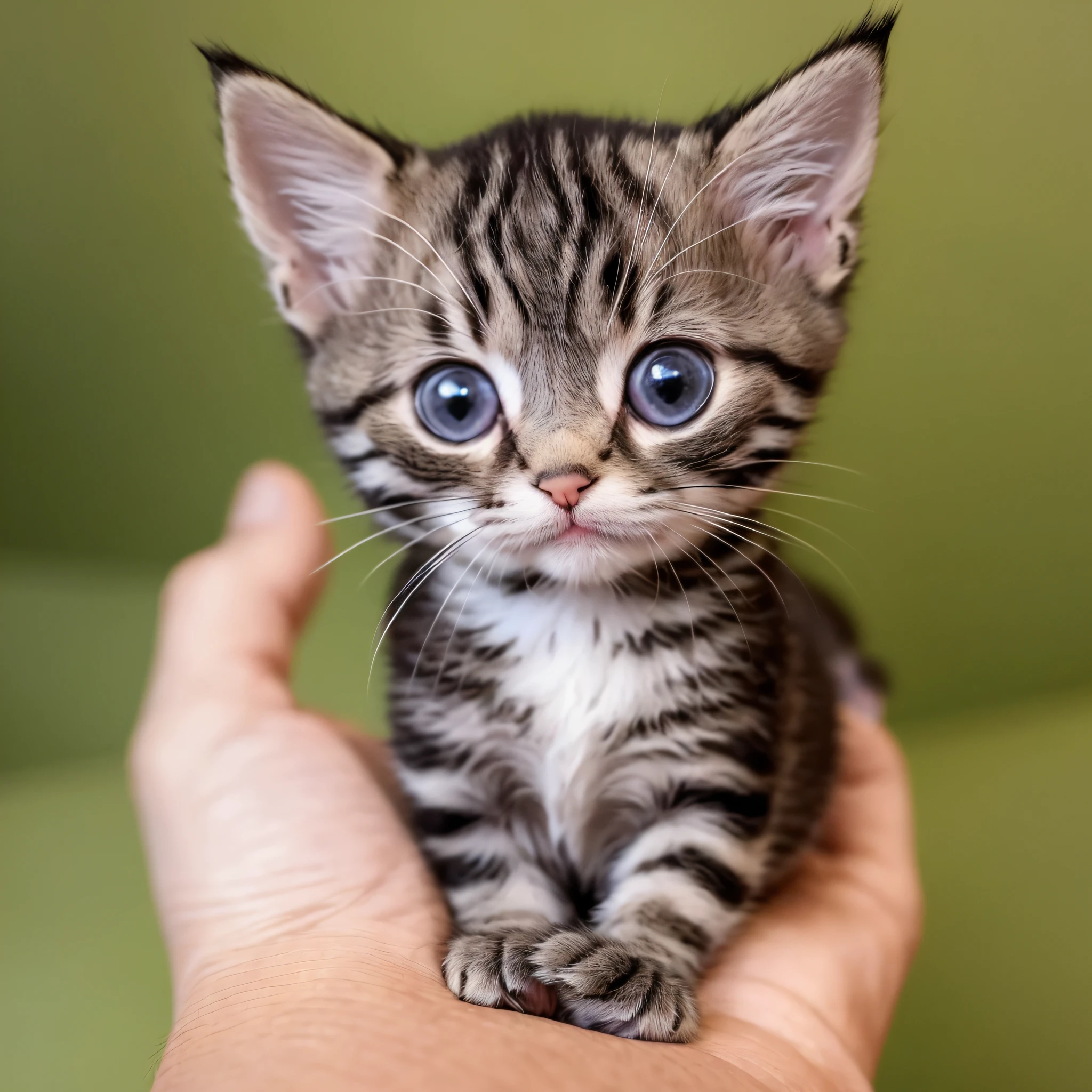 a small kitten sitting on a person's hand, Miniature kittens, cat, animal, blurry background, animal focus, realistic, pov hands, looking at viewer, whiskers, ((((Small)))), blurry, pov, depth of field