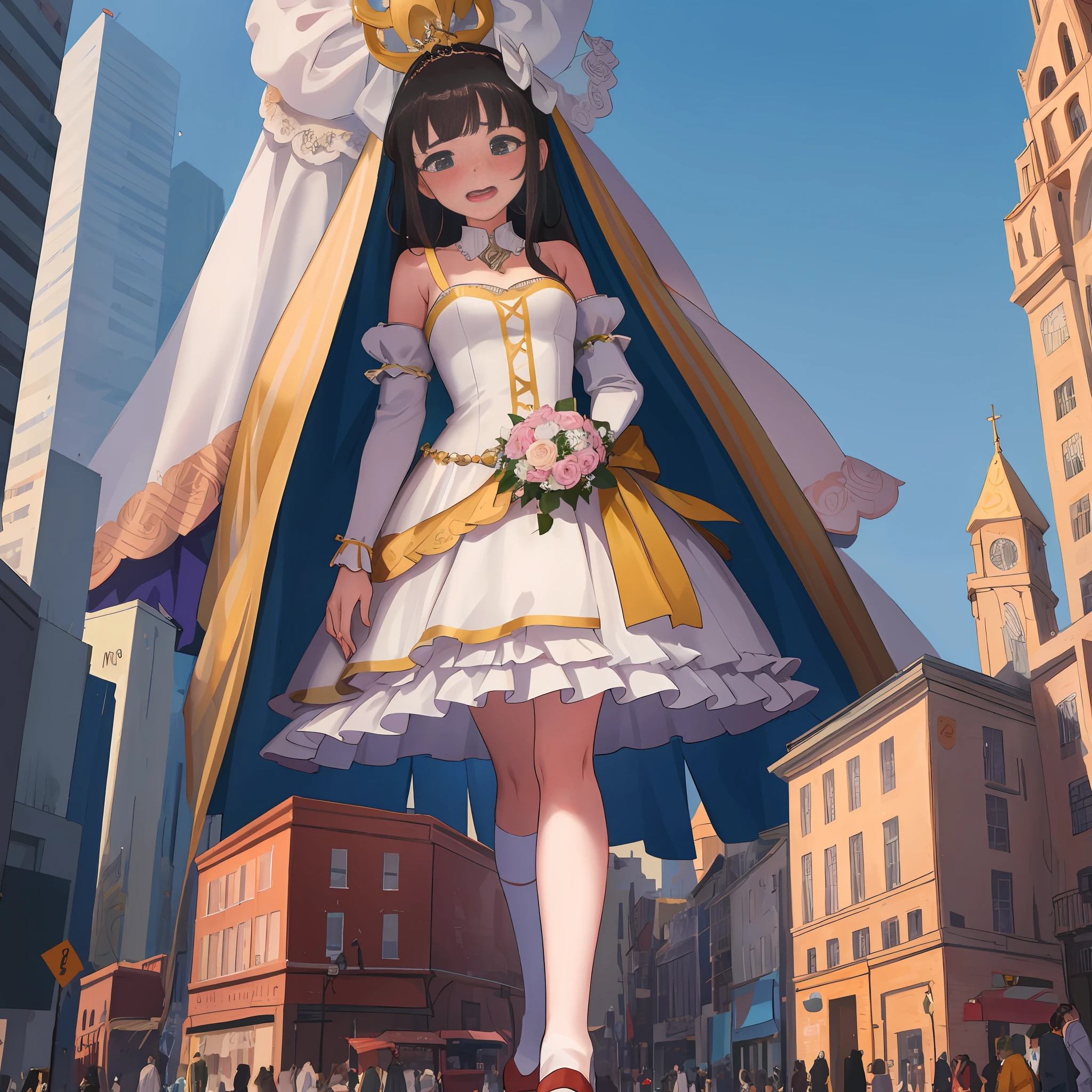1girl, GTSGiga, cute, embarrassed, wedding dress, standing beside crowd, (height difference:1.5),masterpiece,best quality, detailed background, citizens
