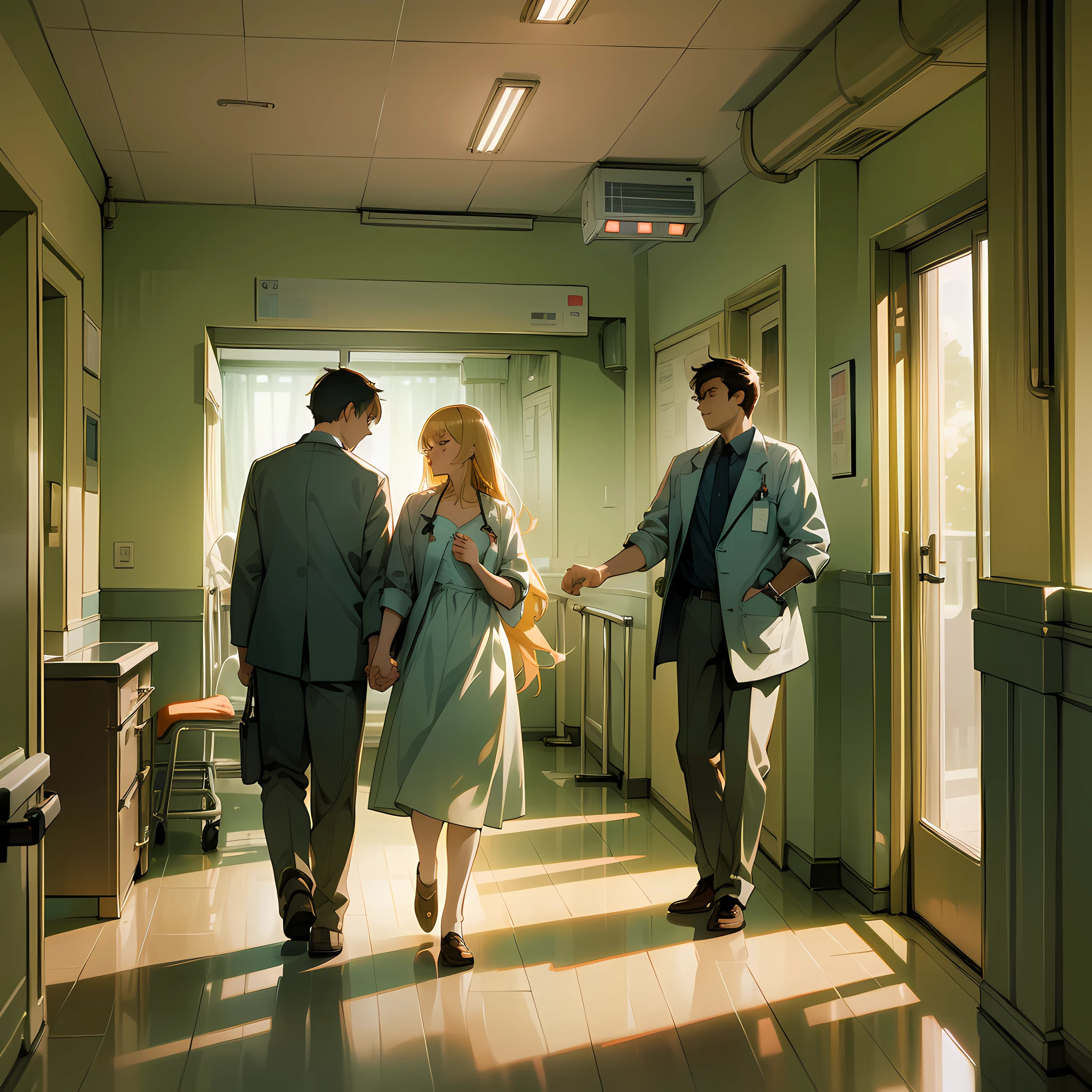 (High image quality, high detail, hospital interior, 1 man and 1 woman hand dragging hands, warm and sweet scene, soft light, light breeze, warm colors)