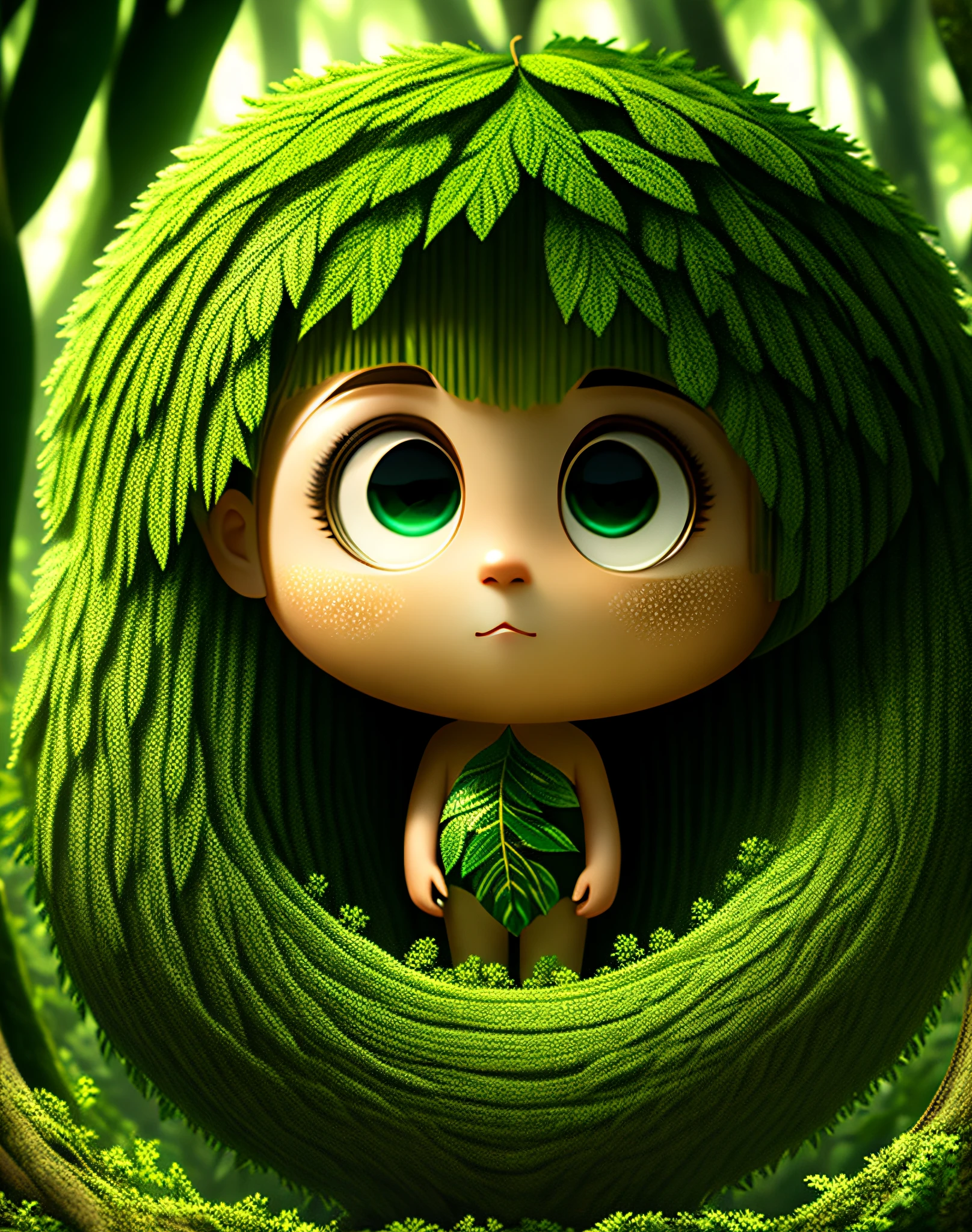 Imagine that a person's body grows leaves as if they are merging with the forest. Their limbs and torso are covered with lush greenery, and their hair is made of twigs and leaves. The scene is a dense foggy forest, and the overall feeling is a harmony and connection with nature, perfect eyes, perfect faces, cute round reflective big eyes, Pixar rendering, Unreal Engine movies with smooth, intricate details