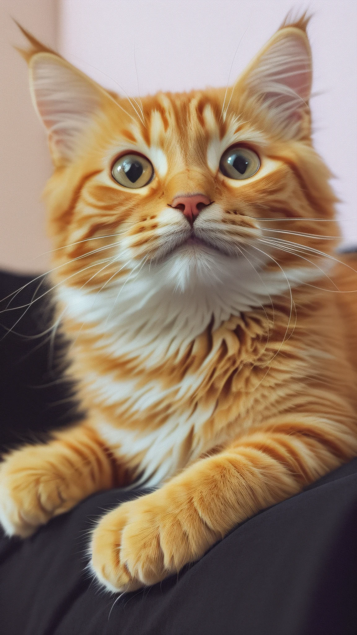 there is a cat that is laying down on a black blanket, cute furry needs your help, an orange cat, orange cat, looking towards the camera, orange fluffy belly, closeup photo, anthropomorphic large maine coon, looking straight to camera, high quality upload, tufty whiskers, ginger cat, close portrait, looking straight to the camera