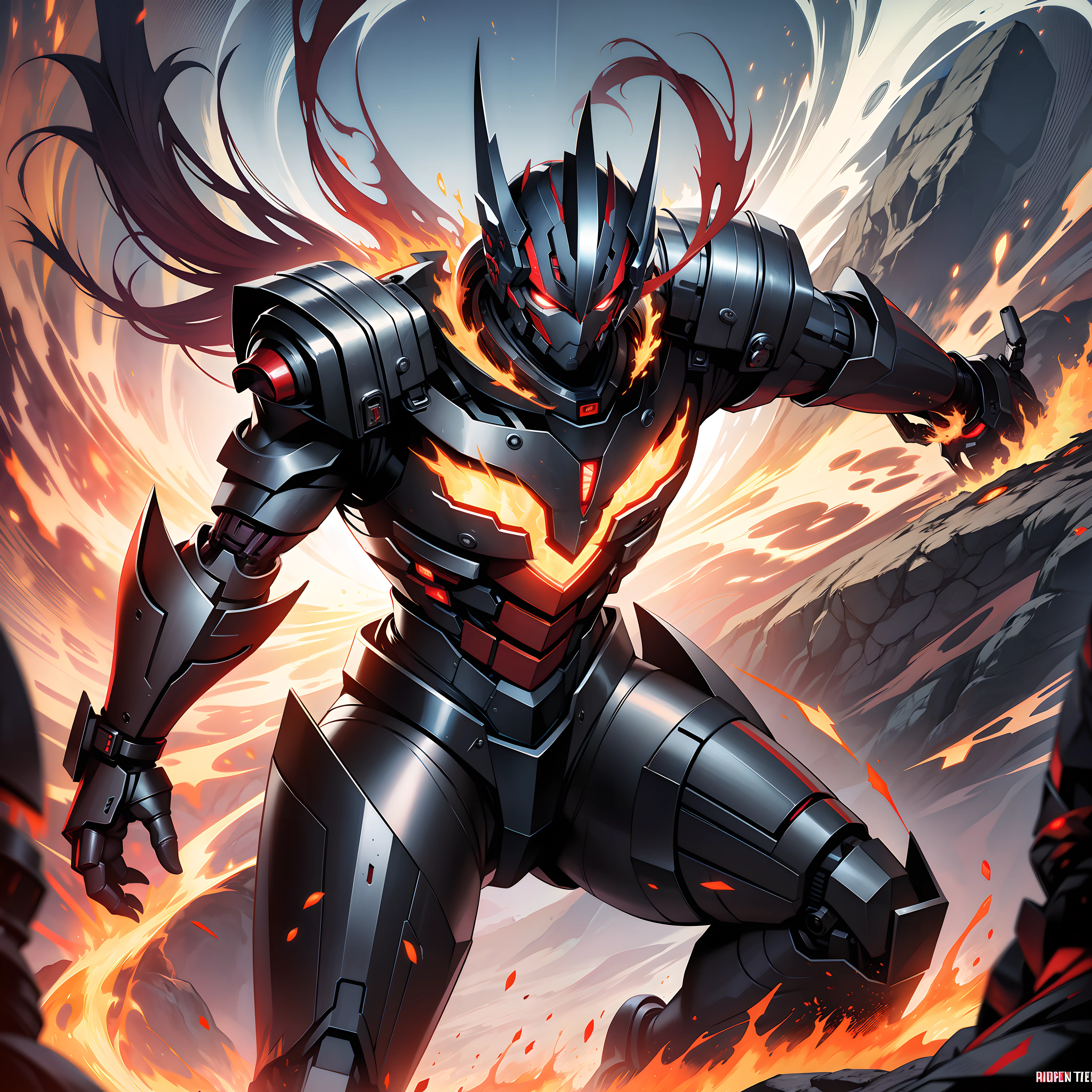 Masterpiece, better quality, environment in red aura. Male robot android with demon mask in his mouth letting out lava, holding a giant sword on his shoulder, in pose of running very fast.