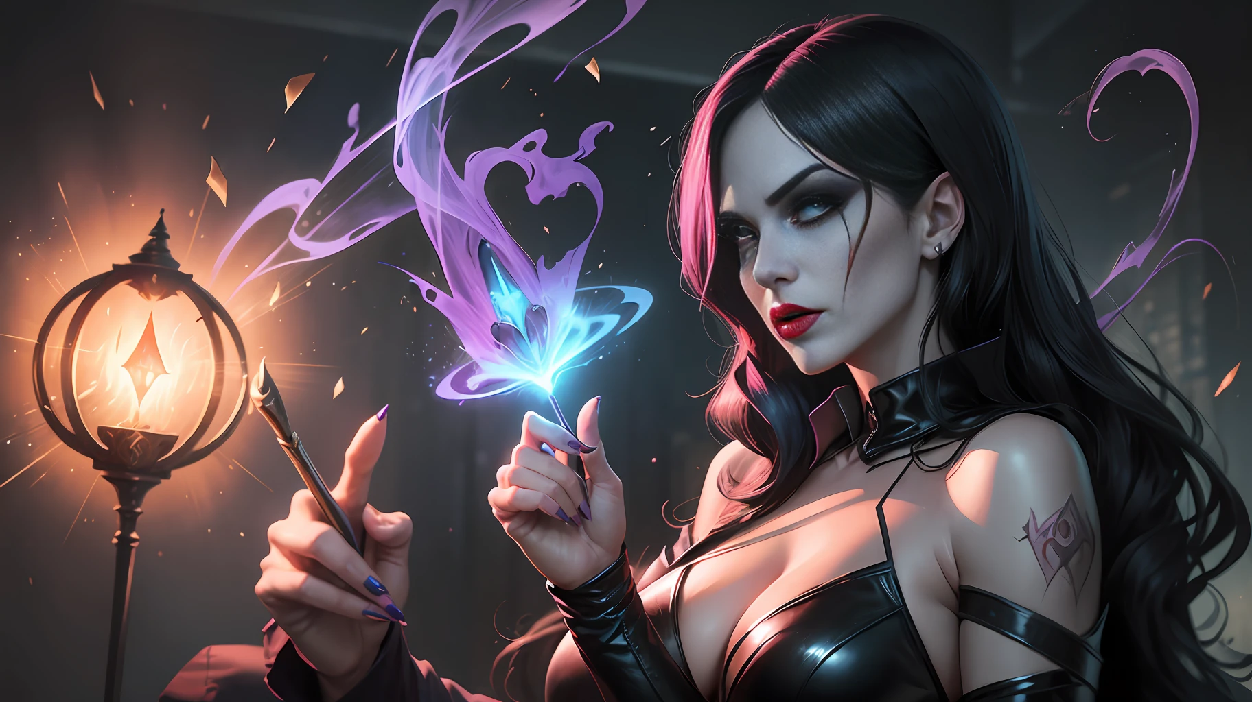 (1 female character), Zatana casting a powerful spell, (1 female character), the Joker turning into a beautiful woman, (1 female character), Harley Quinn watching with intense desire, magic aura, dark and mysterious atmosphere. --auto --s2