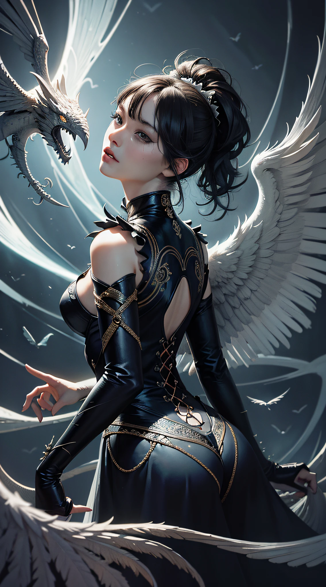Official Art, Unified 8k Wallpapers, Ultra Detailed, Beautiful and Aesthetic, Masterpiece, Best Quality, (Zentangle, Mandala, Tangled, Entangle), (Fractal Art: 1.3), 1girl, Black Angel, Black Feather Wings, Very Detailed, Dynamic Angle, Cowboyshot, Most Beautiful Forms Chaotic, Elegant, Fauvist Design, Bright Colors, Romanticism, James Jean, Robbie Devi Antono, Ross Tran, Francis Bacon, MichalMraz, Adrian Gaini, Petra Kotwright, Gerhard Richter, Takashi Yamamoto, Ashley Wood, atmospheric, ecstatic notes, flow notes visible