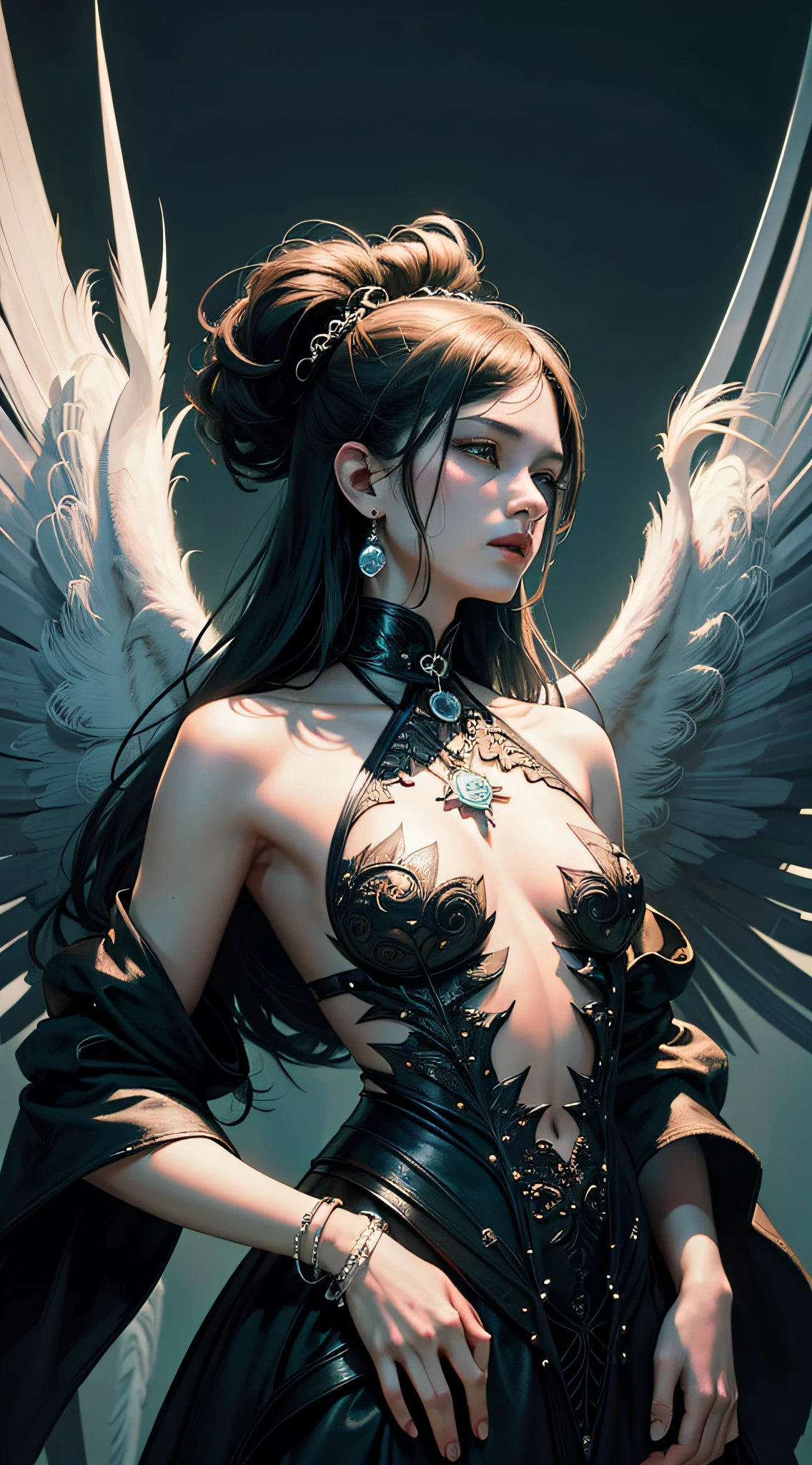 Official Art, Unified 8k Wallpapers, Ultra Detailed, Beautiful and Aesthetic, Masterpiece, Best Quality, (Zentangle, Mandala, Tangled, Entangle), (Fractal Art: 1.3), 1girl, Black Angel, Black Feather Wings, Very Detailed, Dynamic Angle, Cowboyshot, Most Beautiful Forms Chaotic, Elegant, Fauvist Design, Bright Colors, Romanticism, James Jean, Robbie Devi Antono, Ross Tran, Francis Bacon, MichalMraz, Adrian Gaini, Petra Kotwright, Gerhard Richter, Takashi Yamamoto, Ashley Wood, atmospheric, ecstatic notes, flow notes visible