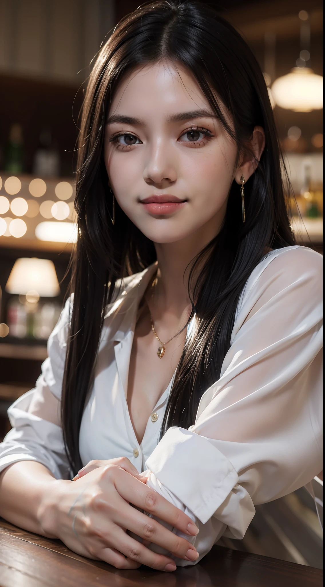 masterpiece, top quality, raw photo, photorealistic, big, face light, shiny skin, high resolution, ultra detail, detail, detailed eyes and face, sharp pupils, smile, sharp focus, shiny skin, black hair, long hair, earrings, tavern, alcohol in bar