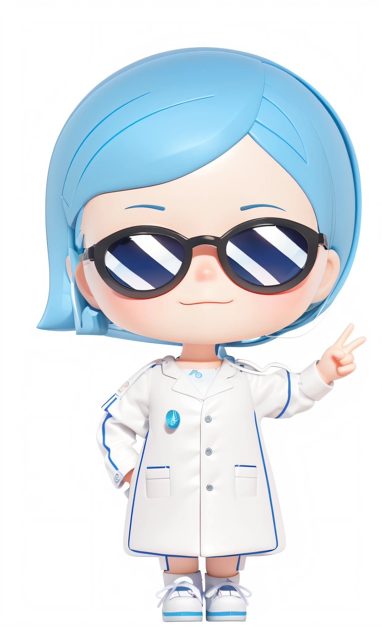 A girl, cute squinting smile,, blue eyes, with sunglasses, right hand Biye, left hand crossed waist, blue hair, short hair, no headdress, white doctor white coat clothes, (beautiful detail eyes), (beautiful detail face), (Clean background: 1.1), bright, background, Disney style, fine gloss, dreamy, cute, pop-mart lp, high detail, super high quality, bright colors, real model blind box toy, 3D rendering, oc rendering, c4d, best quality, 8k, bright, headlight, face shot, fine gloss, super detox, (full body: 1.3) --auto --s2